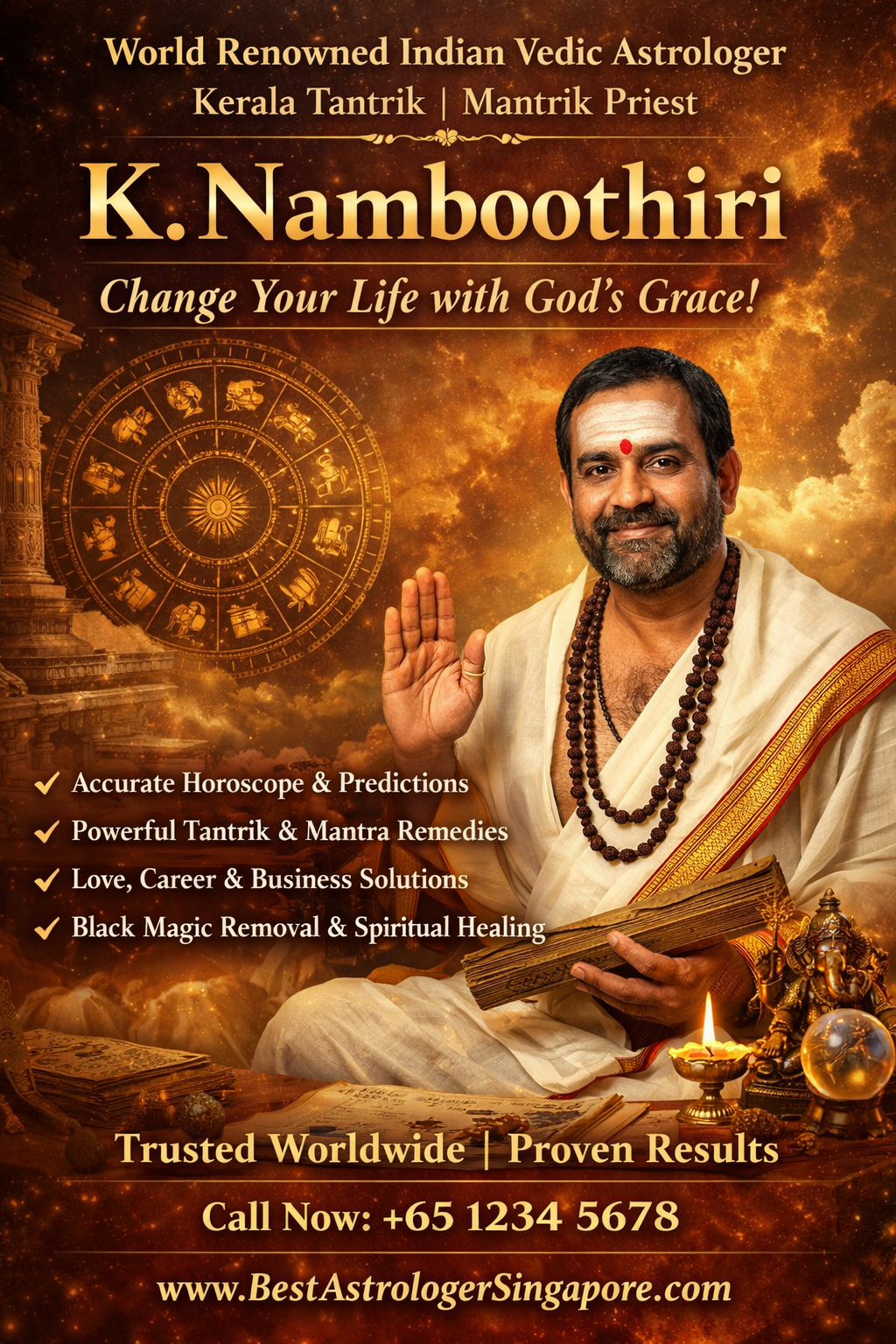 K. Namboothiri Indian Vedic astrologer and Kerala tantrik priest offering horoscope reading and spiritual remedies in Singapore