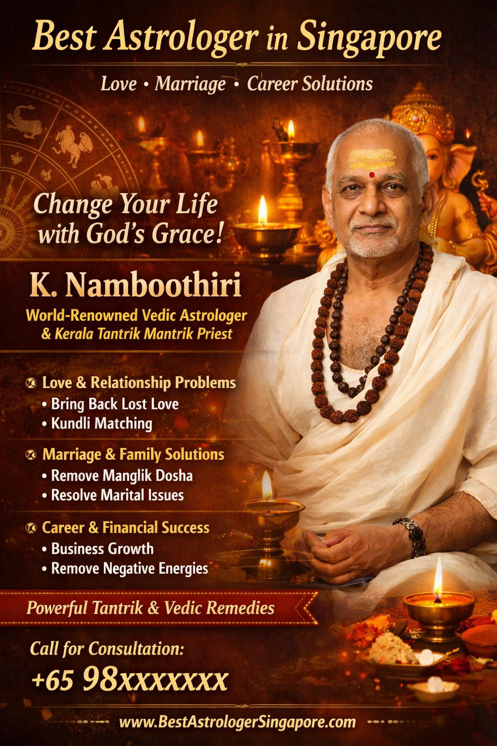 K. Namboothiri Kerala Vedic astrologer in Singapore offering love, marriage, and career solutions with spiritual rituals and divine guidance