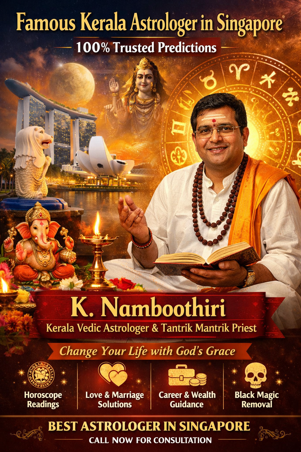 Kerala Vedic astrologer K. Namboothiri in Singapore performing horoscope reading with zodiac symbols, Hindu deities, and spiritual elements for love, career, and black magic solutions