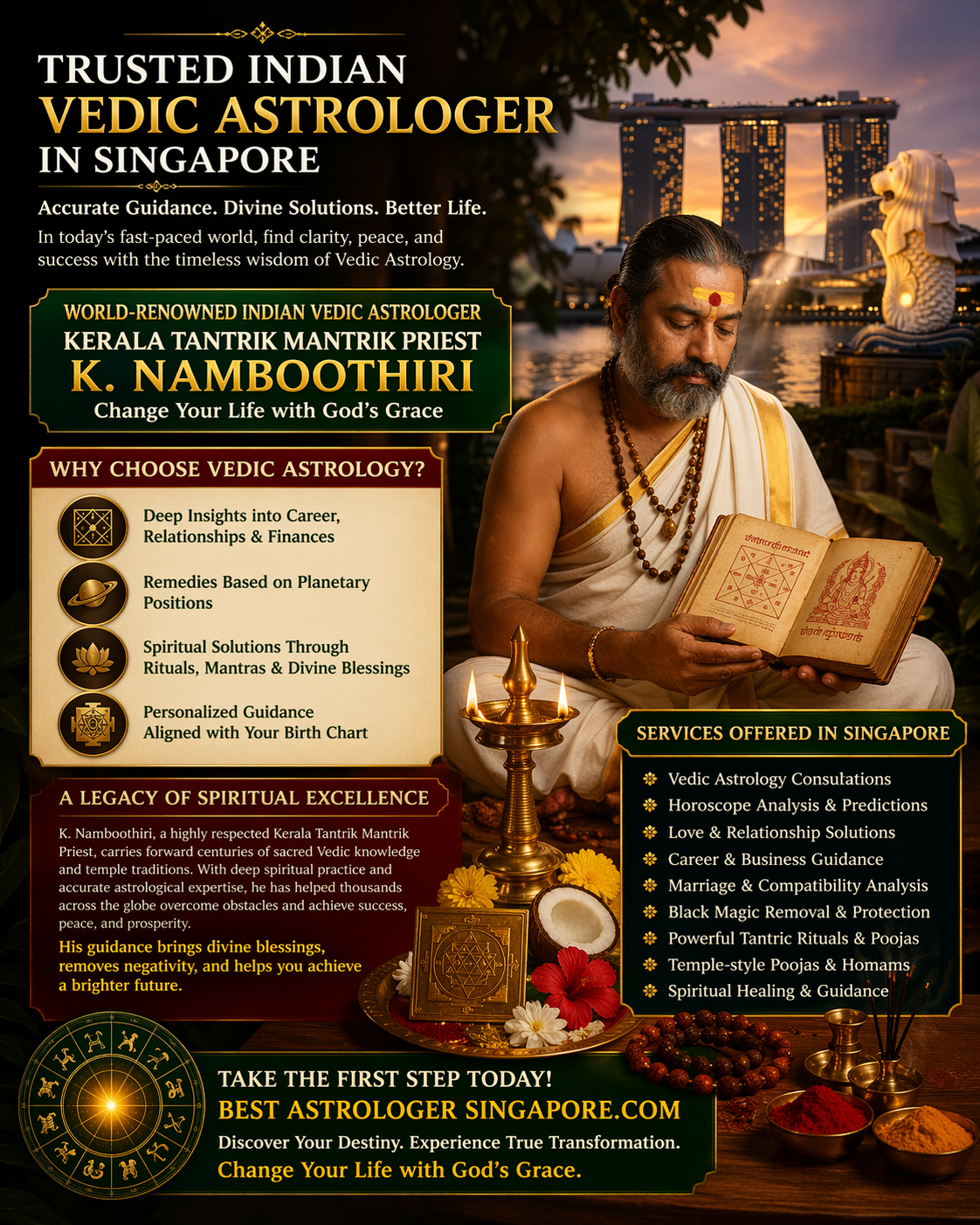 Promotional poster of Indian Vedic astrologer K. Namboothiri performing a Hindu ritual with fire, highlighting astrology services, spiritual healing, and divine solutions in Singapore.