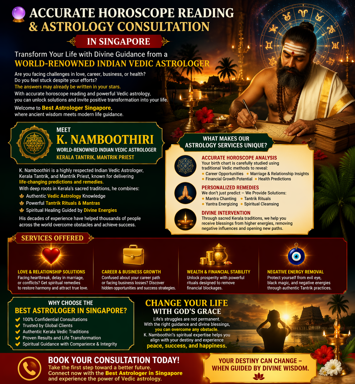 K. Namboothiri Indian Vedic astrologer performing horoscope reading with zodiac background and spiritual lamps in Singapore astrology consultation poster
