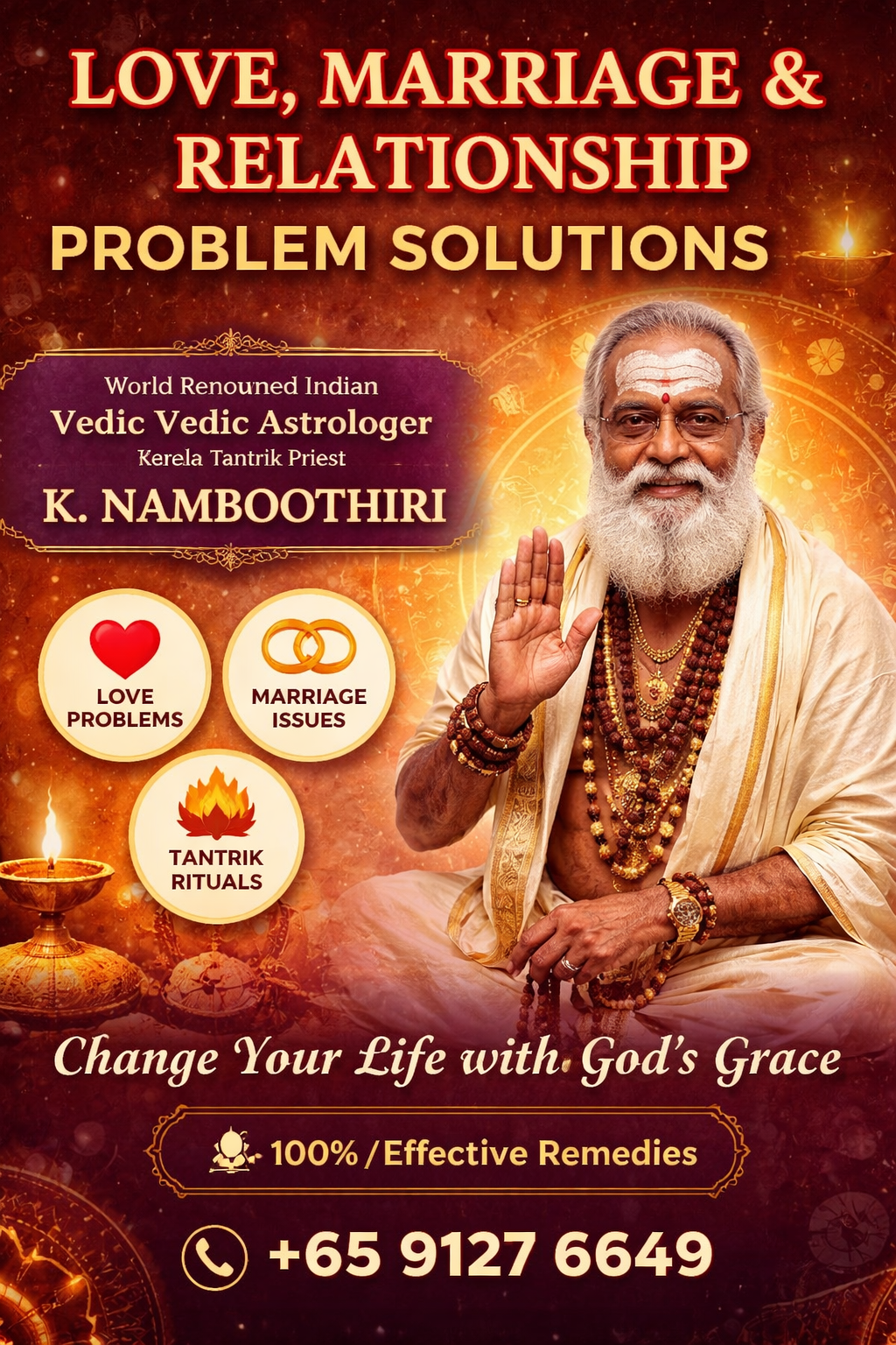 Indian Vedic astrologer K. Namboothiri offering love, marriage, and relationship problem solutions with Kerala tantric rituals in Singapore
