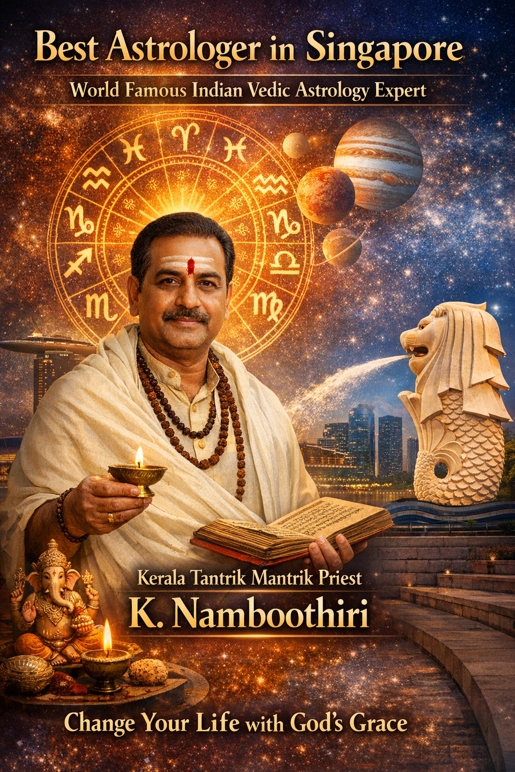 Kerala Tantrik Mantrik Priest K. Namboothiri, Indian Vedic astrologer, performing spiritual ritual with zodiac symbols and Singapore skyline in the background
