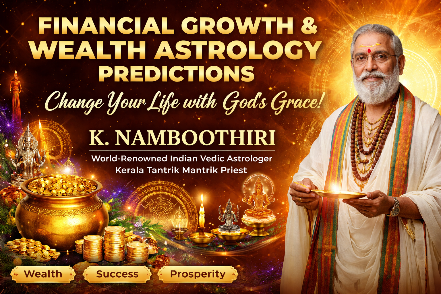 Kerala Tantrik priest and Indian Vedic astrologer K. Namboothiri performing ritual with wealth symbols, gold coins, and divine elements representing financial growth and prosperity astrology predictions