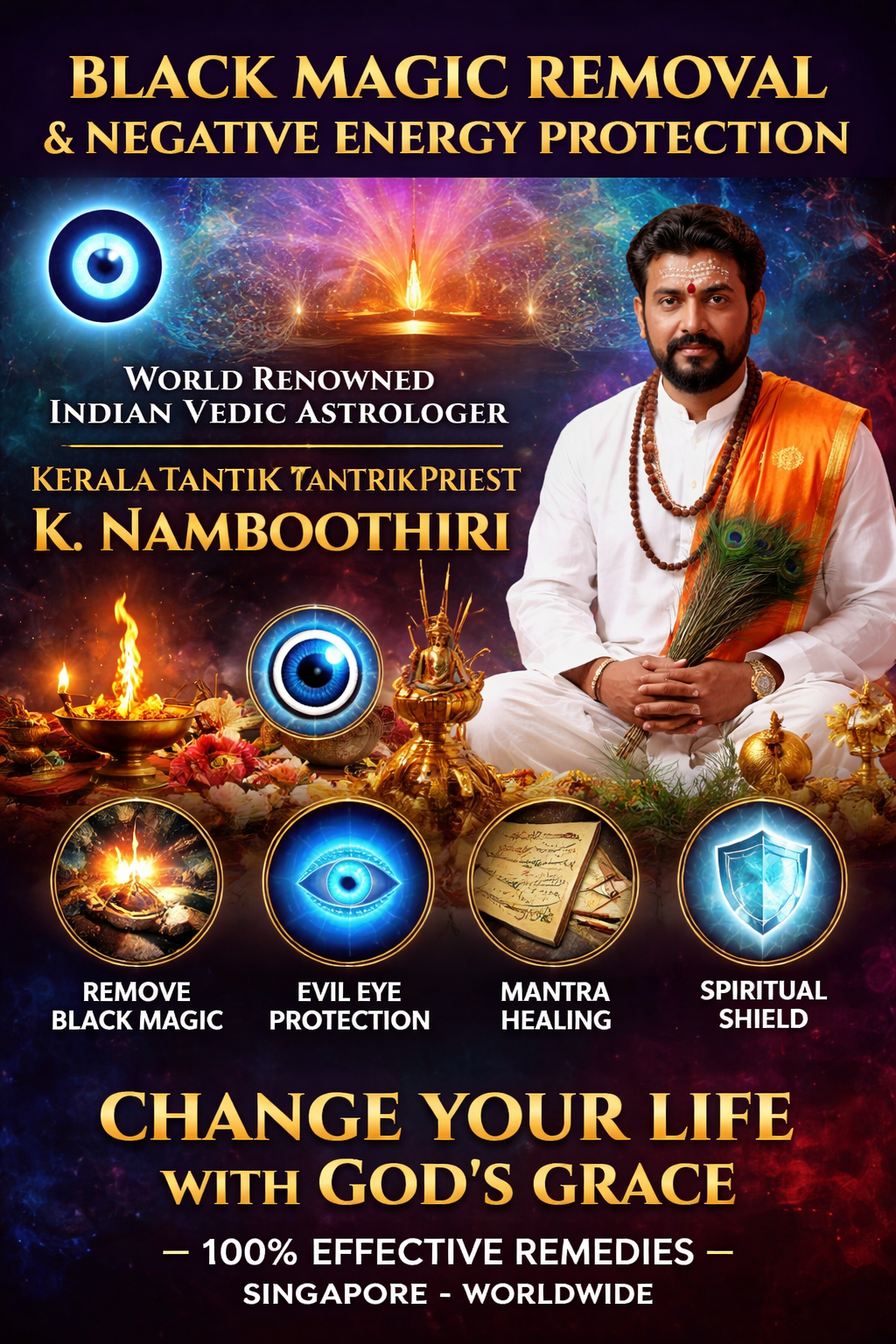 Black magic removal ritual by Indian Vedic astrologer Kerala tantrik priest K. Namboothiri for negative energy protection and spiritual healing in Singapore
