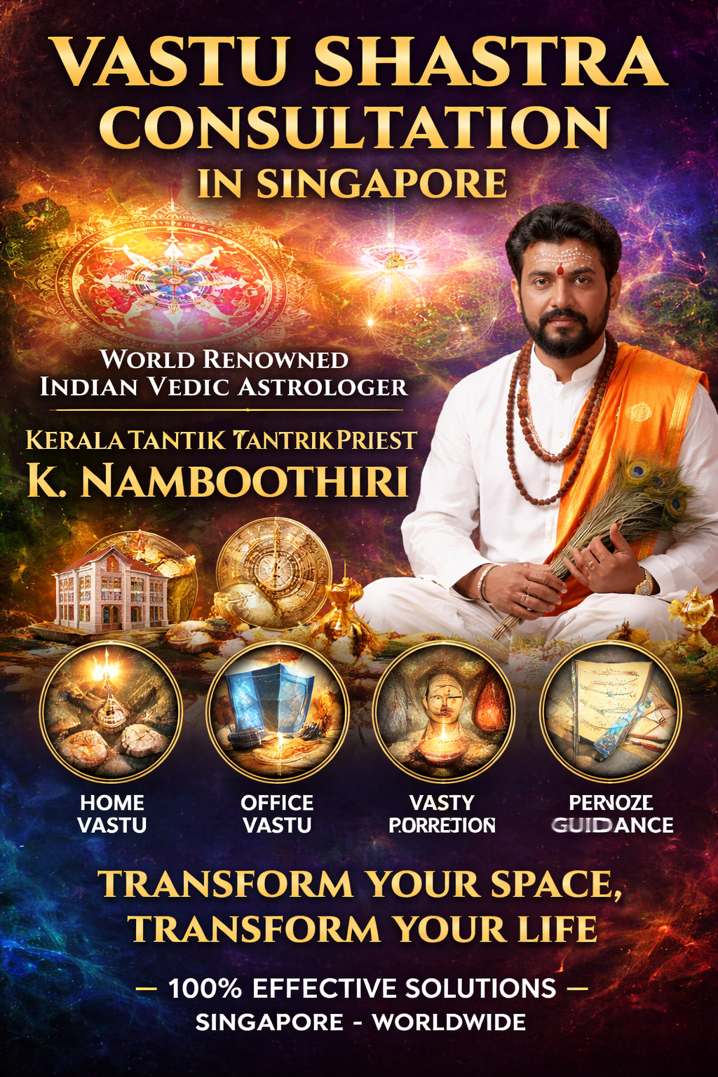 Vastu Shastra consultation by Indian Vedic astrologer Kerala tantrik priest K. Namboothiri for home and office energy balance in Singapore