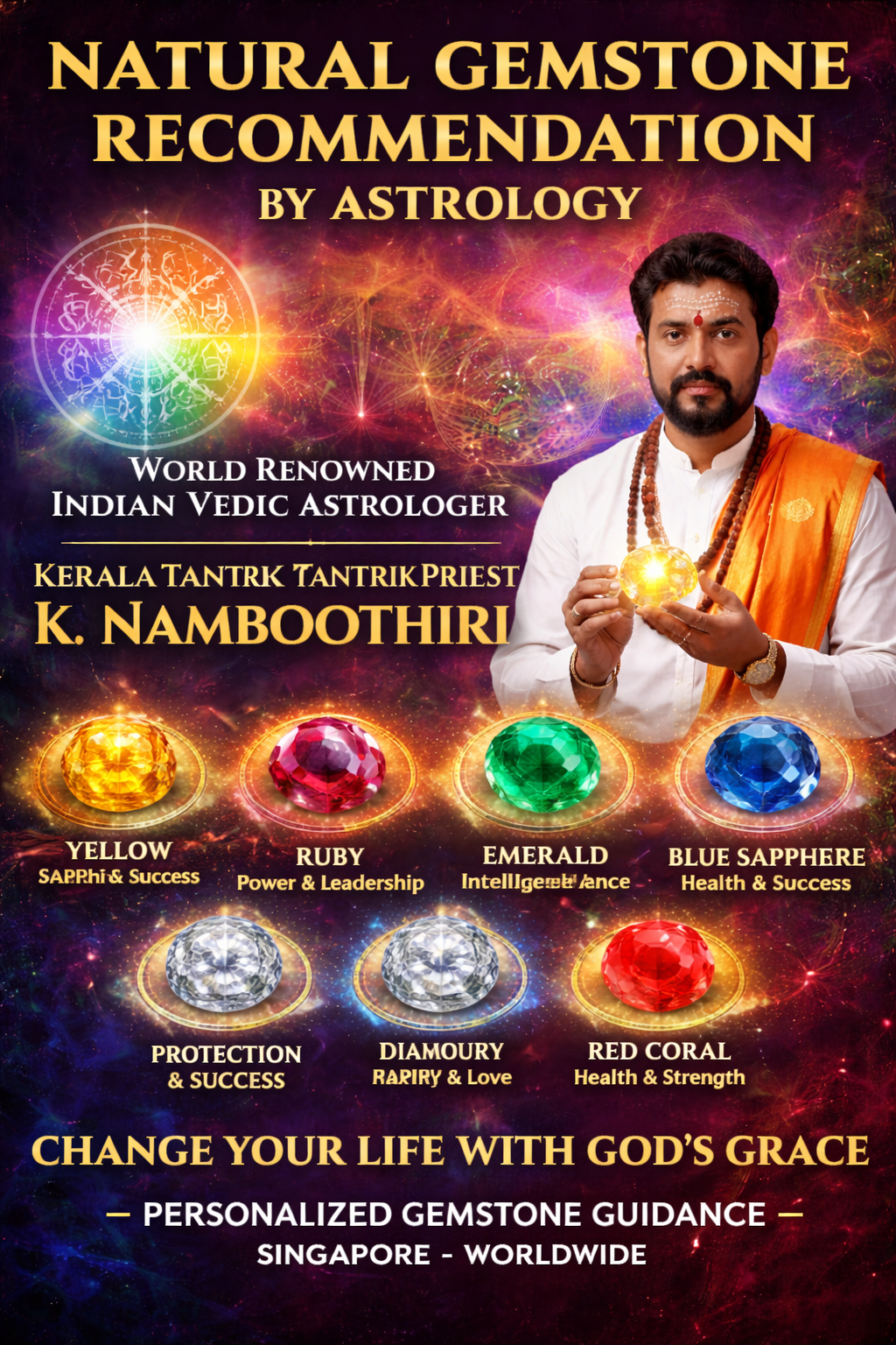 Natural gemstone recommendation by Indian Vedic astrologer Kerala tantrik priest K. Namboothiri for astrology-based healing and success in Singapore