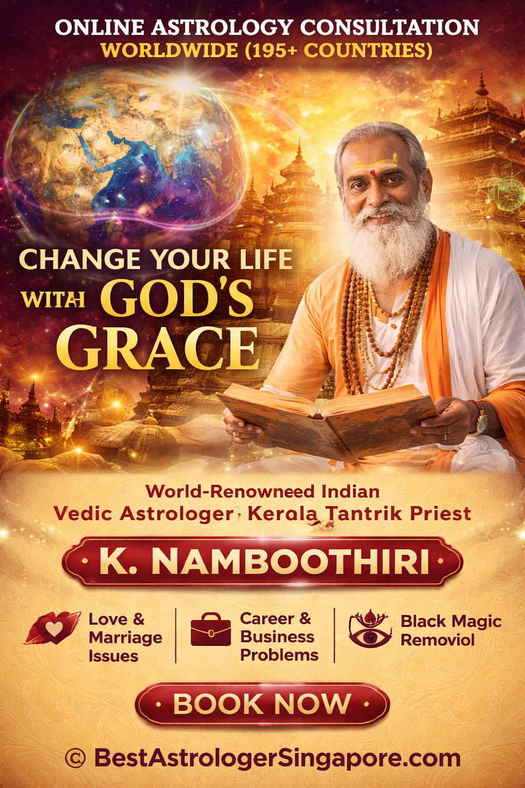 World-renowned Indian Vedic astrologer K. Namboothiri offering online astrology consultation worldwide with Kerala tantric rituals for love, marriage, career, and black magic removal