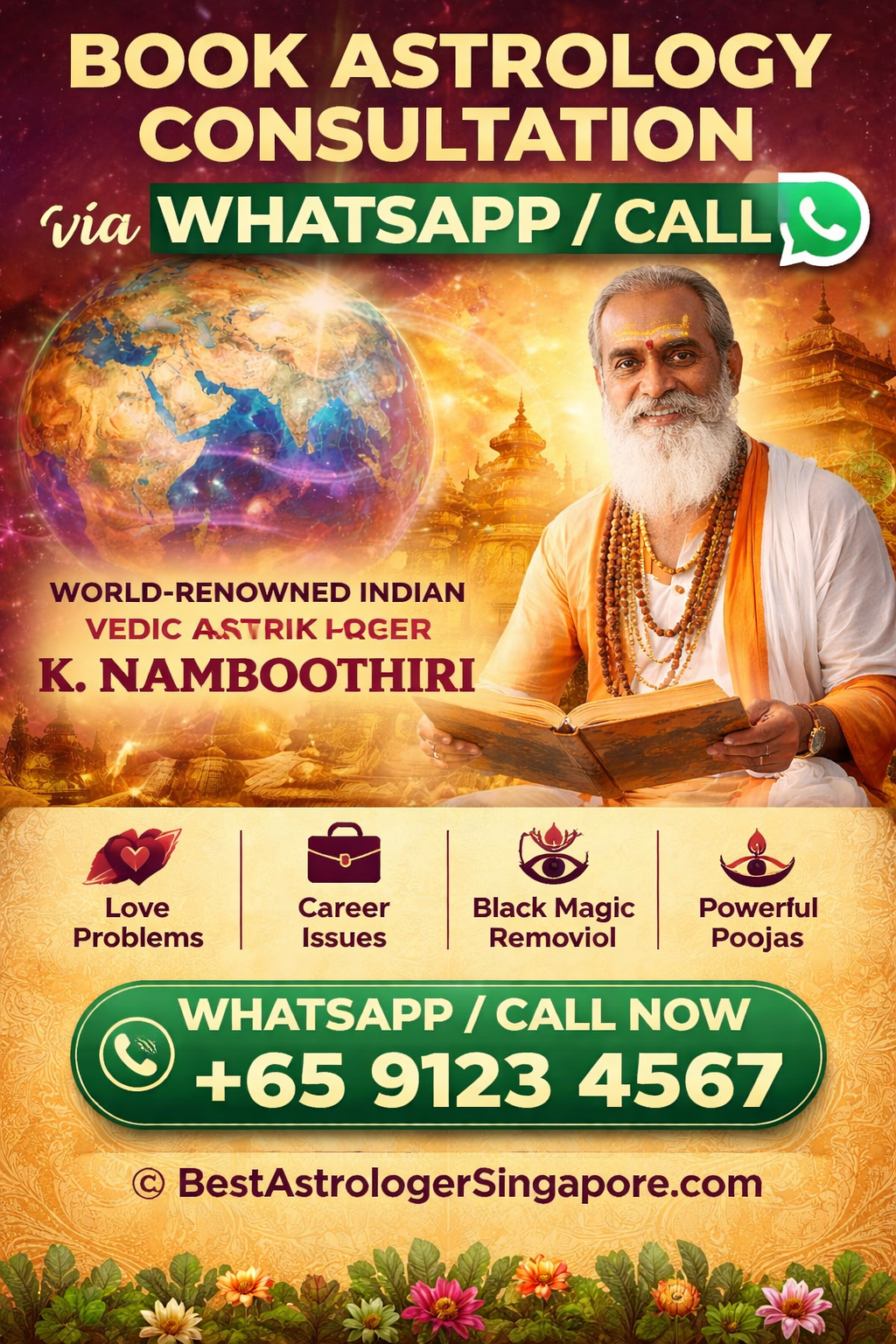 Book online astrology consultation via WhatsApp or call with Indian Vedic astrologer K. Namboothiri for love, marriage, career and black magic solutions worldwide