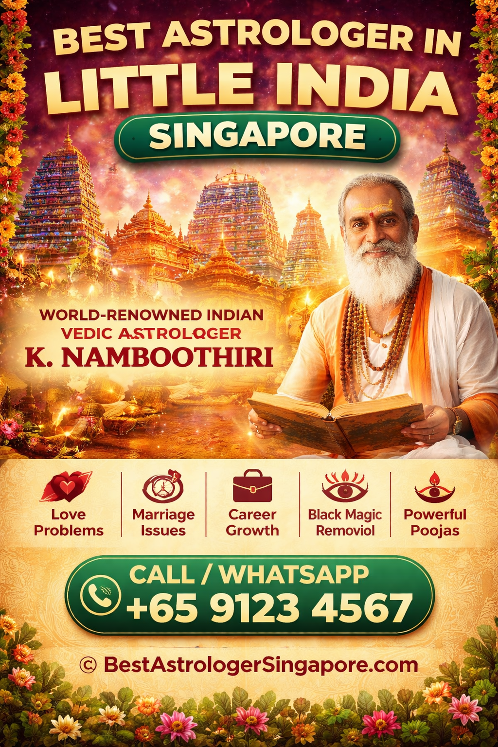 Best astrologer in Little India Singapore K. Namboothiri offering Vedic astrology, love marriage solutions, career guidance and black magic removal services