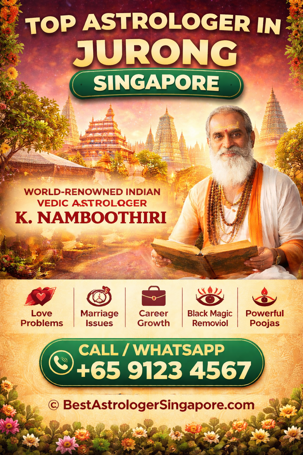 Love problem solution in Singapore K Namboothiri Indian Vedic astrologer Kerala tantrik priest helping with breakup patch up and marriage solutions