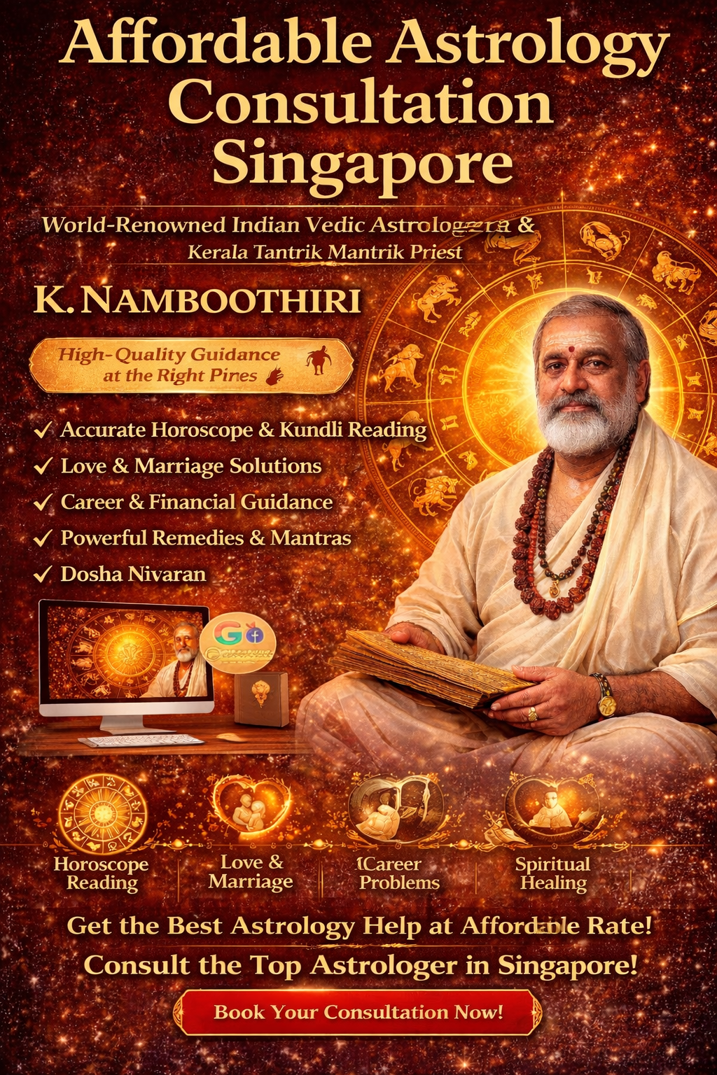 Affordable astrology consultation Singapore by K. Namboothiri offering Vedic astrology, horoscope reading, mantra healing and dosha nivaran services