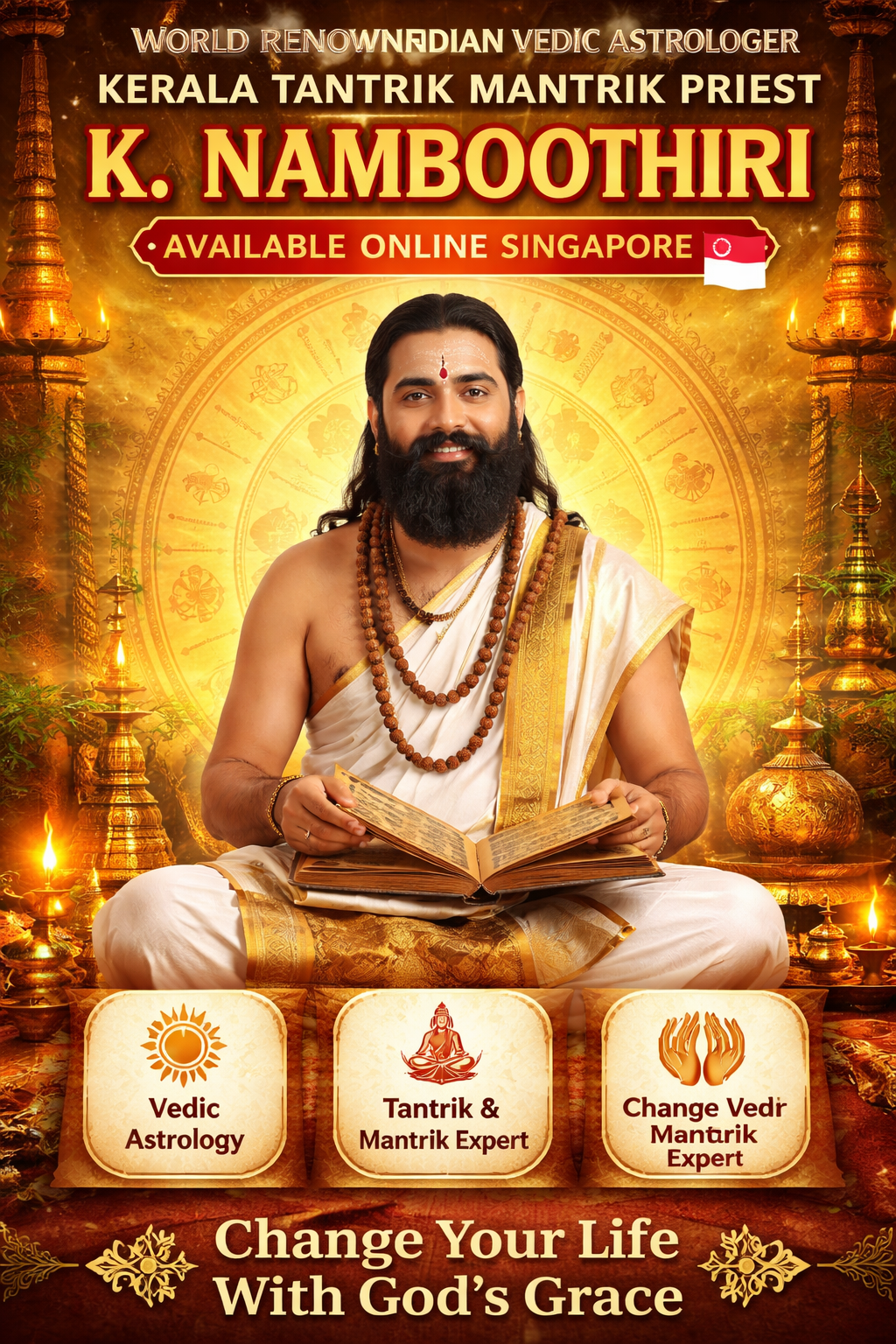 Kerala Vedic astrologer K. Namboothiri performing astrology reading with traditional attire, spiritual background, and symbols of Vedic astrology, available online in Singapore