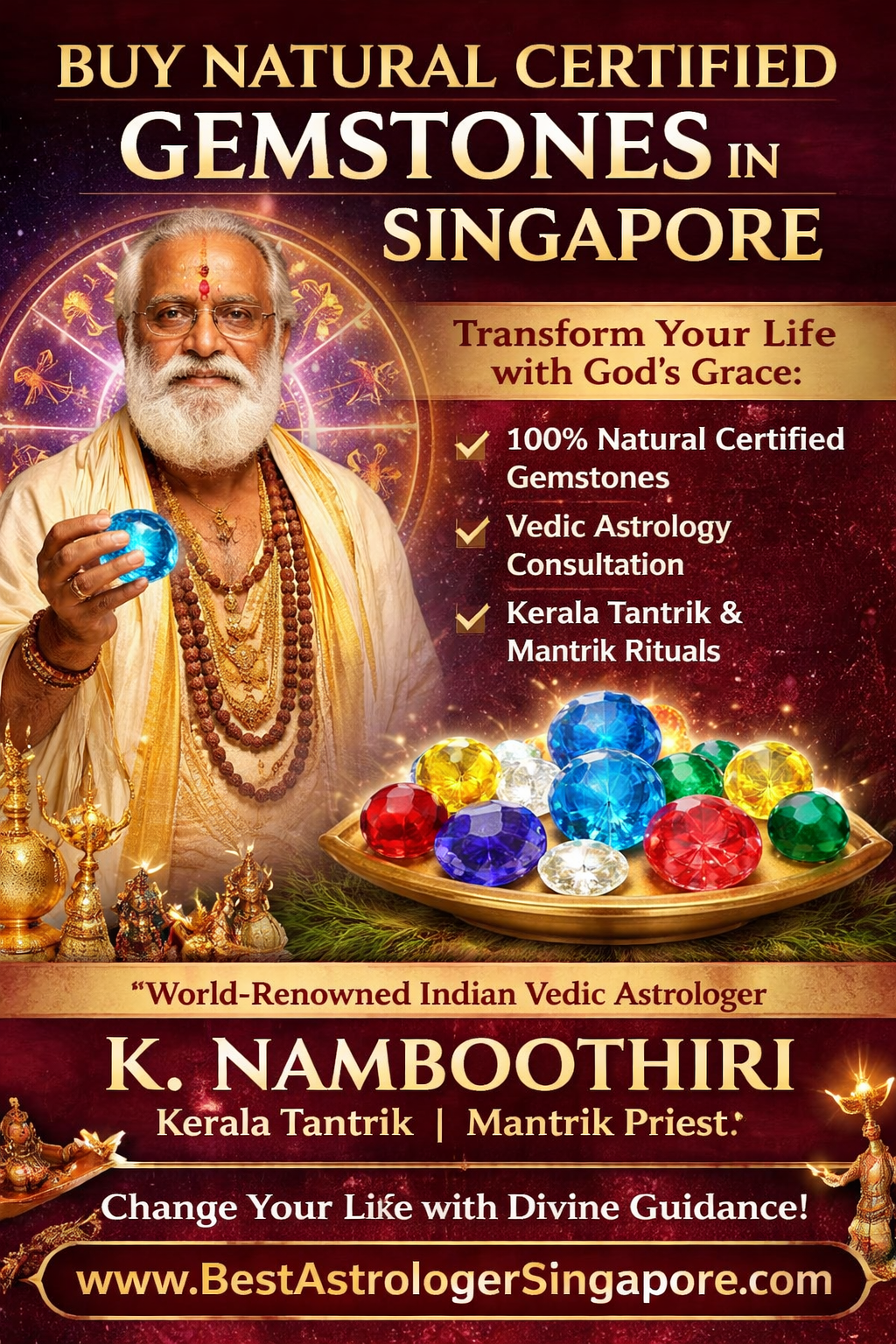 Natural certified gemstones in Singapore promoted by Indian Vedic astrologer K. Namboothiri with colorful gemstones and spiritual background