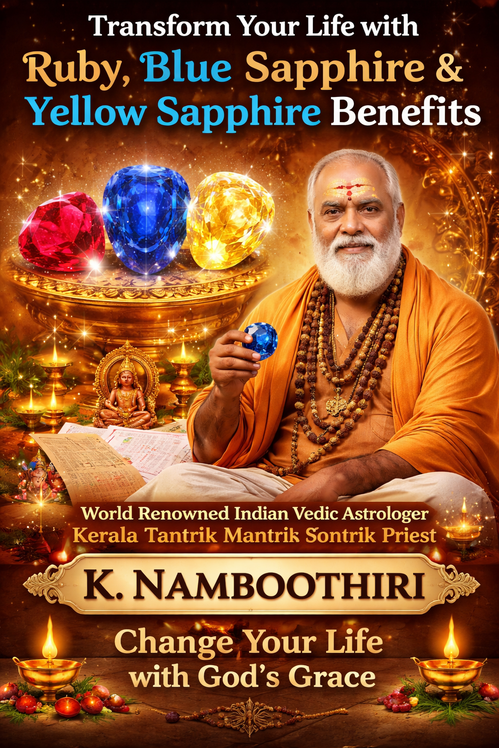 Indian Vedic astrologer K. Namboothiri holding blue sapphire with ruby and yellow sapphire gemstones showing spiritual astrology benefits
