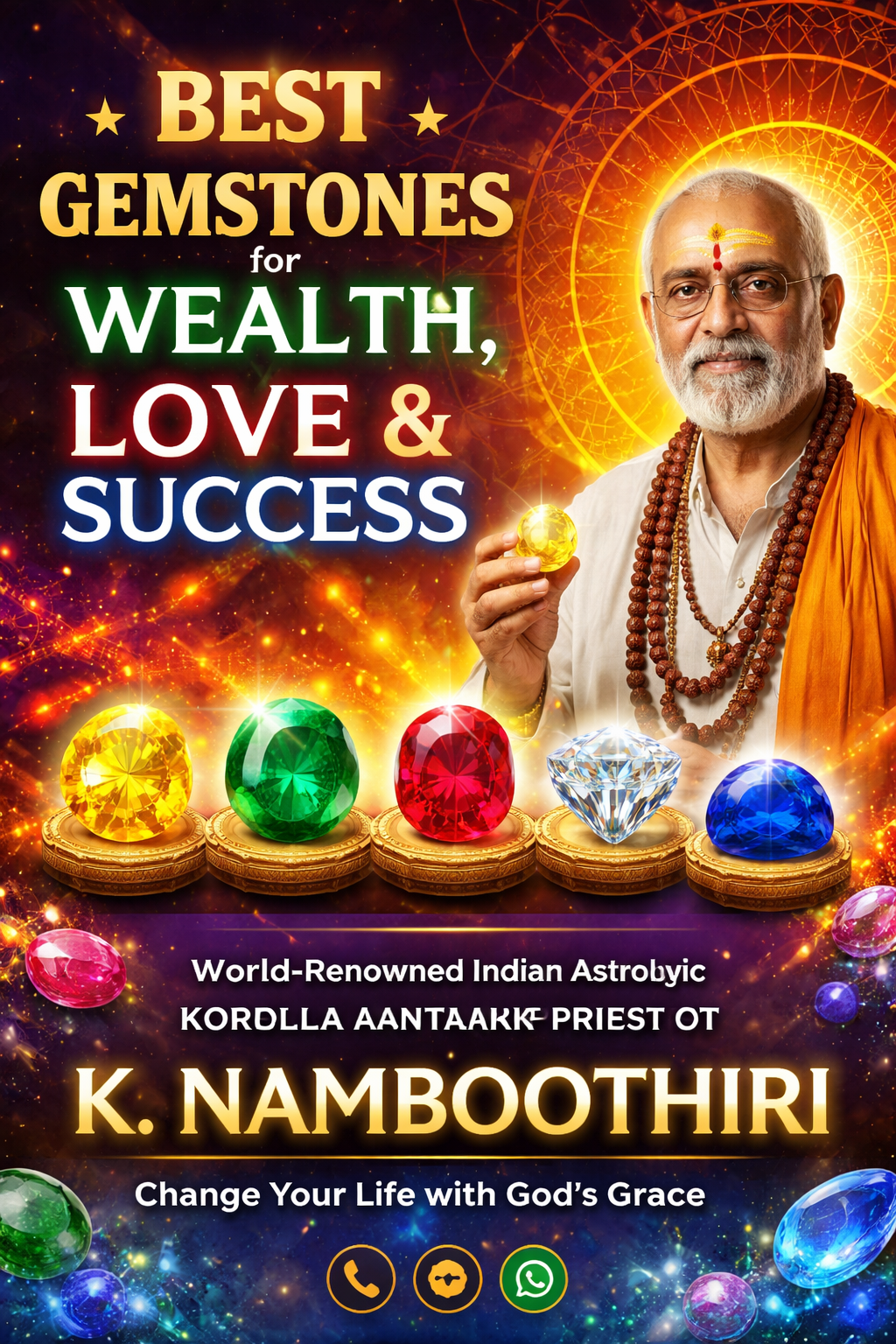 Indian Vedic astrologer K. Namboothiri holding a yellow sapphire gemstone with colorful precious stones symbolizing wealth, love, and success