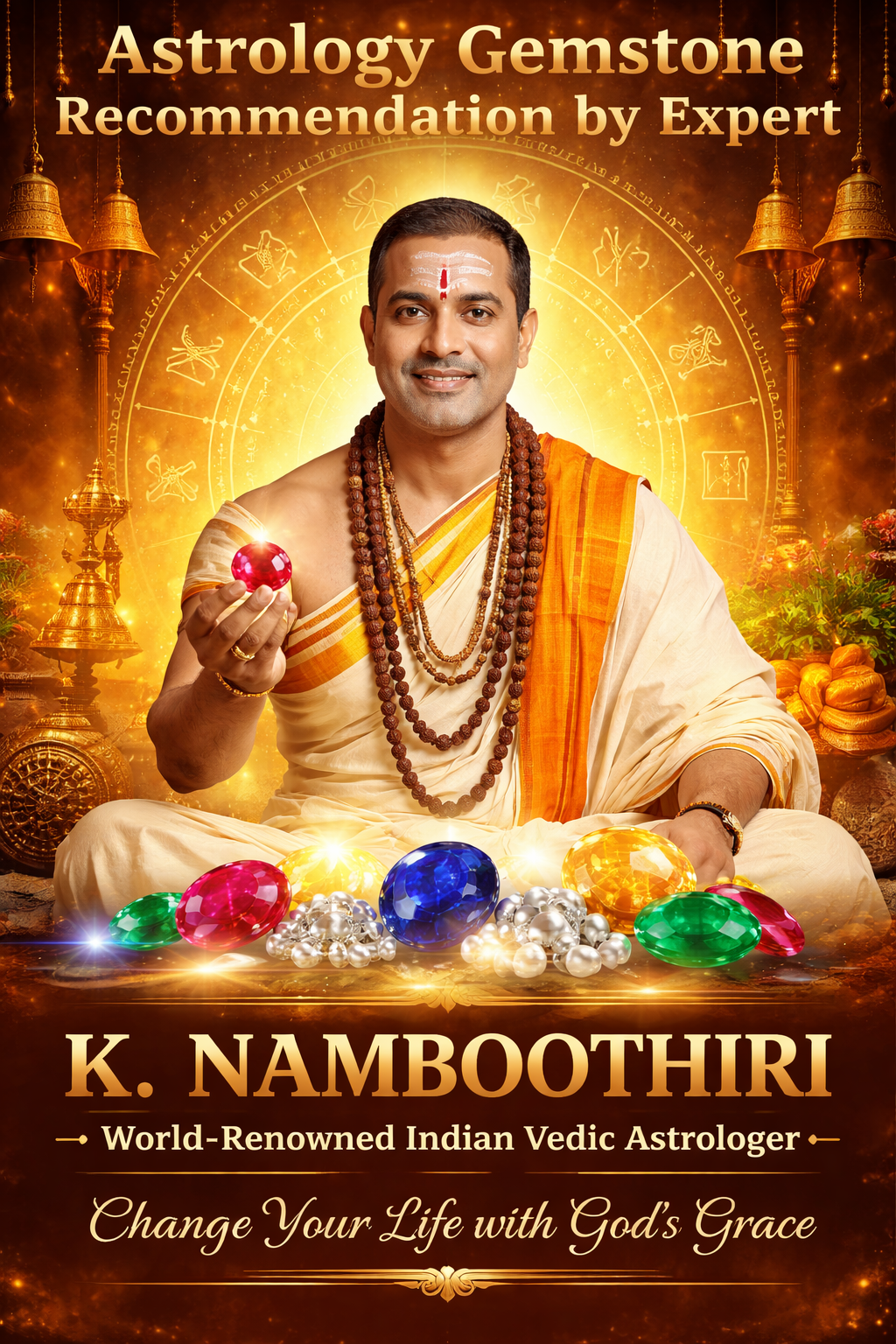 World-renowned Indian Vedic astrologer K. Namboothiri holding a gemstone with zodiac background and divine aura for astrology gemstone recommendation
