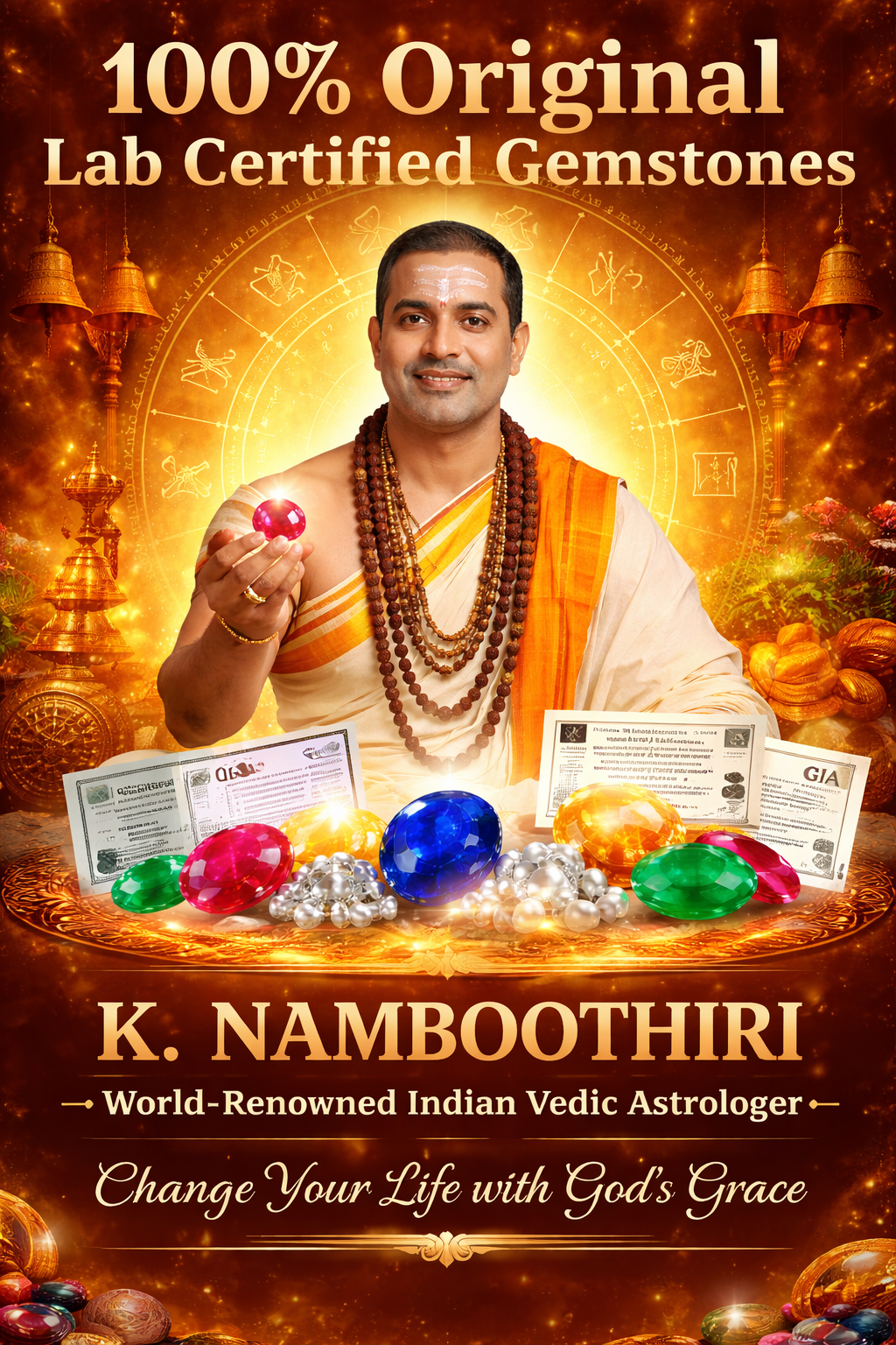 K. Namboothiri Vedic astrologer holding gemstone with lab certificates and zodiac background for original certified gemstone astrology