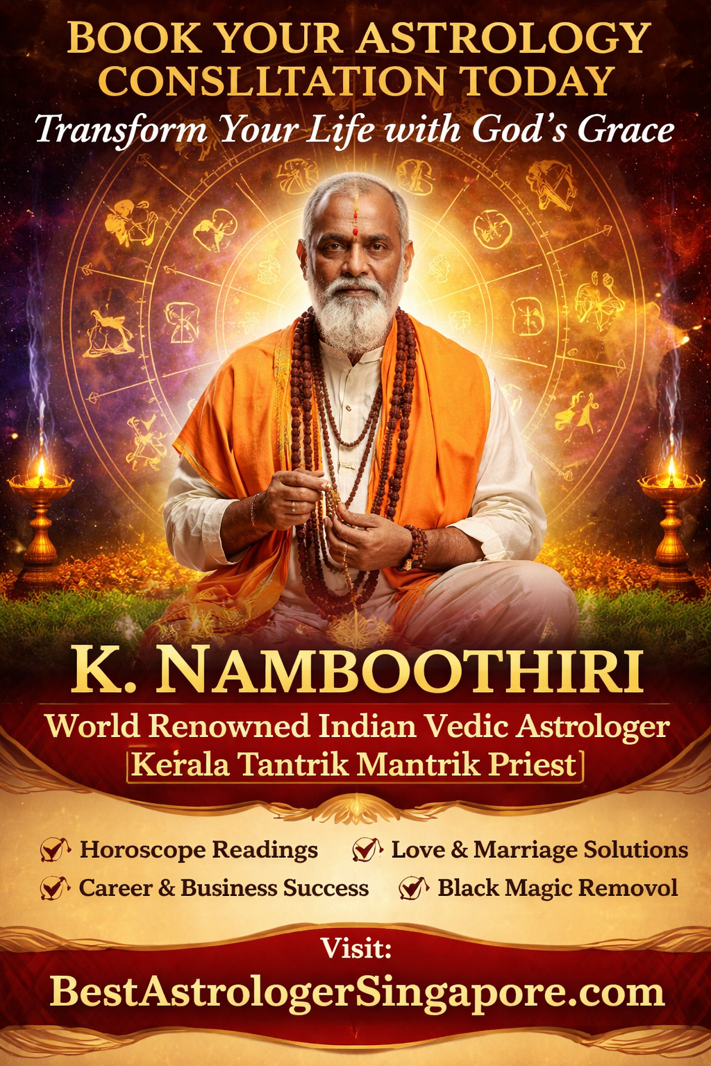 Indian Vedic astrologer K. Namboothiri offering astrology consultation with zodiac background and spiritual theme