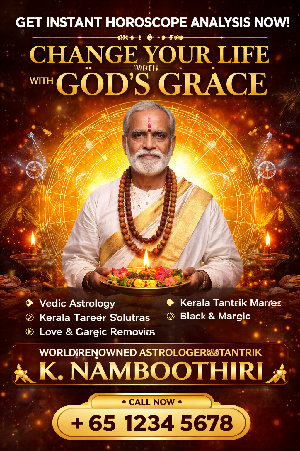 Indian Vedic astrologer K. Namboothiri performing a spiritual ritual with diya, offering horoscope analysis and Kerala tantric services in Singapore