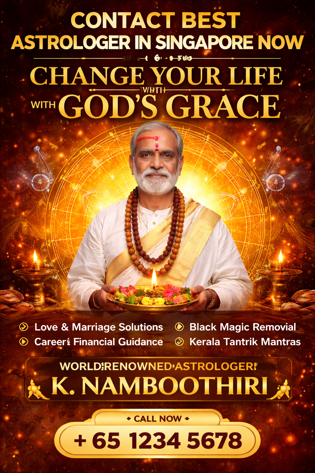 Best astrologer in Singapore K. Namboothiri performing ritual with diya offering horoscope reading, Kerala tantric and spiritual healing services