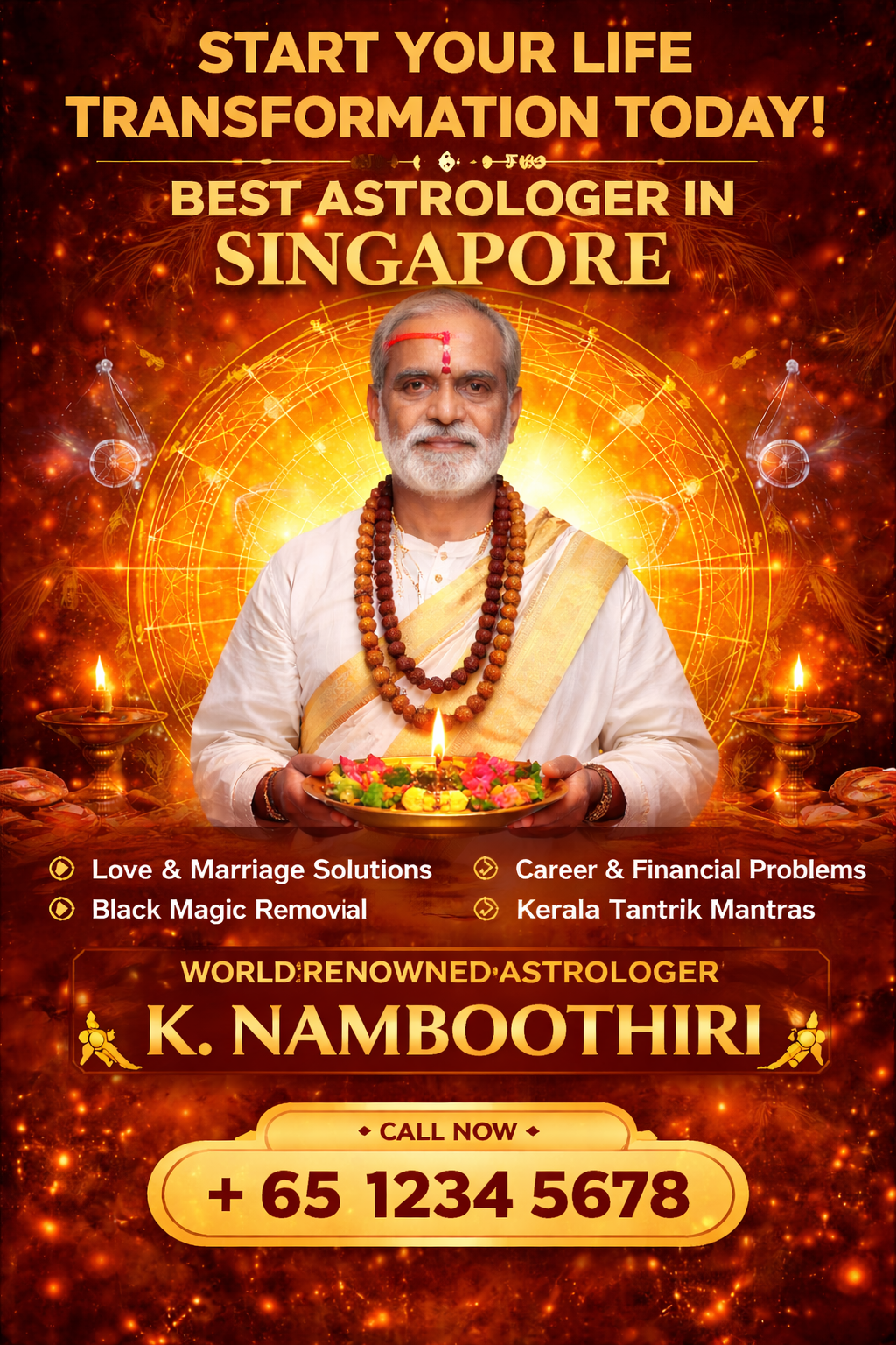 Best astrologer in Singapore K. Namboothiri offering life transformation, horoscope reading, Kerala tantric rituals and spiritual healing services