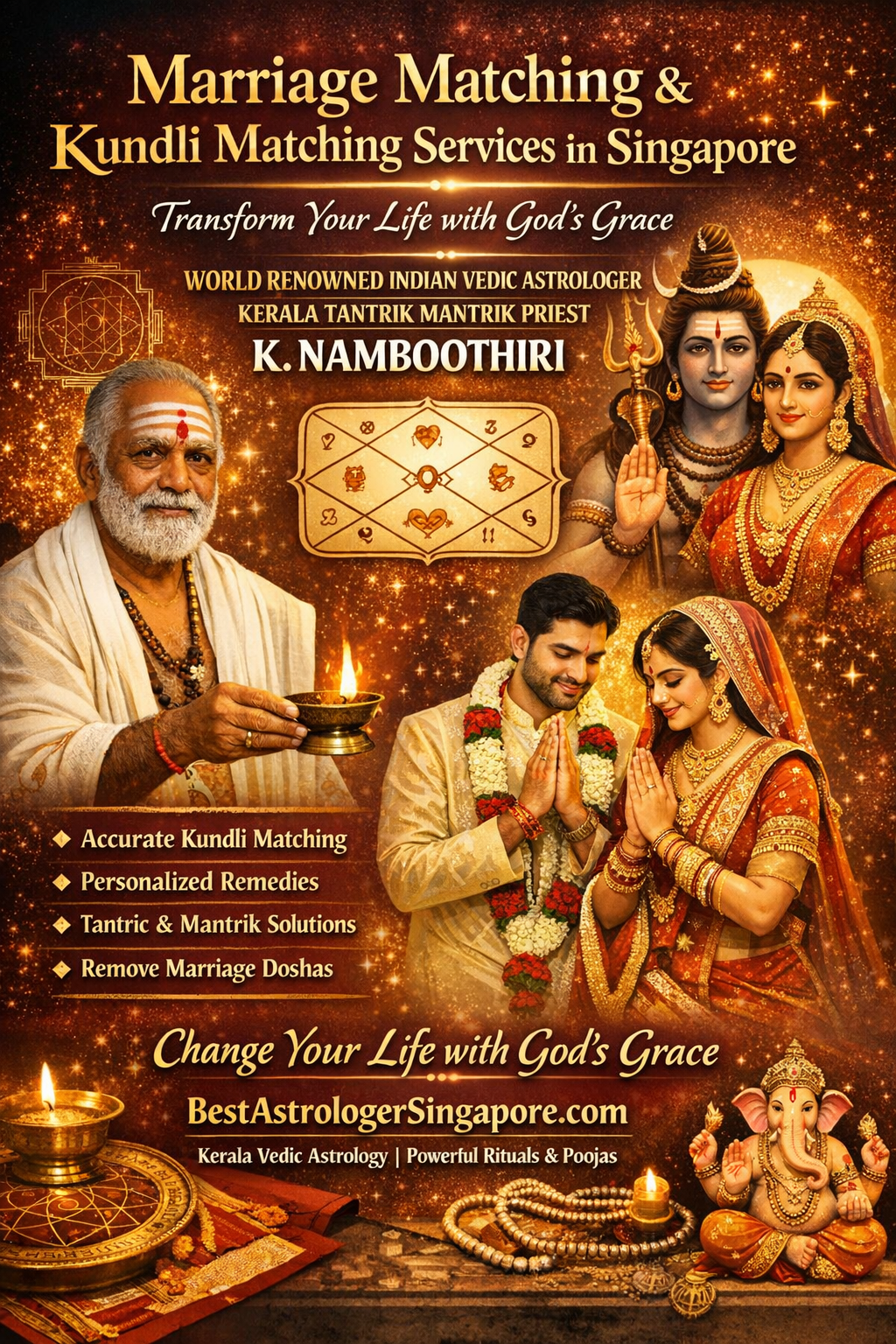 Indian Vedic astrologer K. Namboothiri offering Kundli matching and marriage astrology services in Singapore with divine spiritual guidance