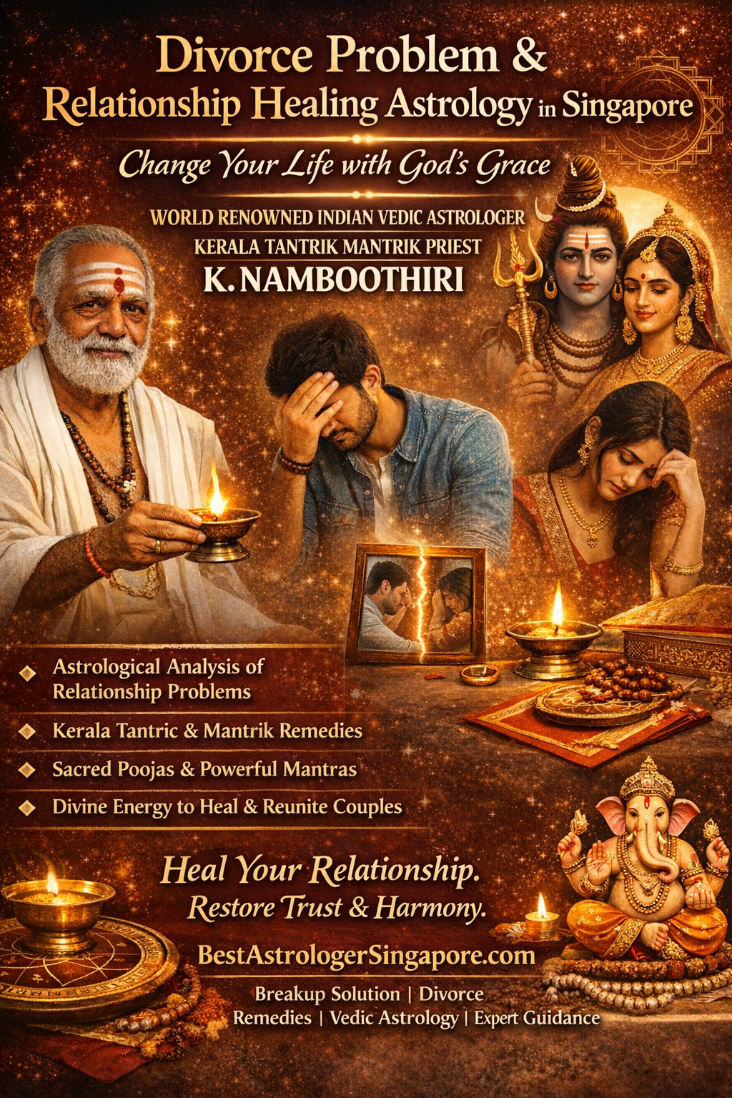 Indian Vedic astrologer K. Namboothiri offering divorce problem solutions and relationship healing astrology services in Singapore