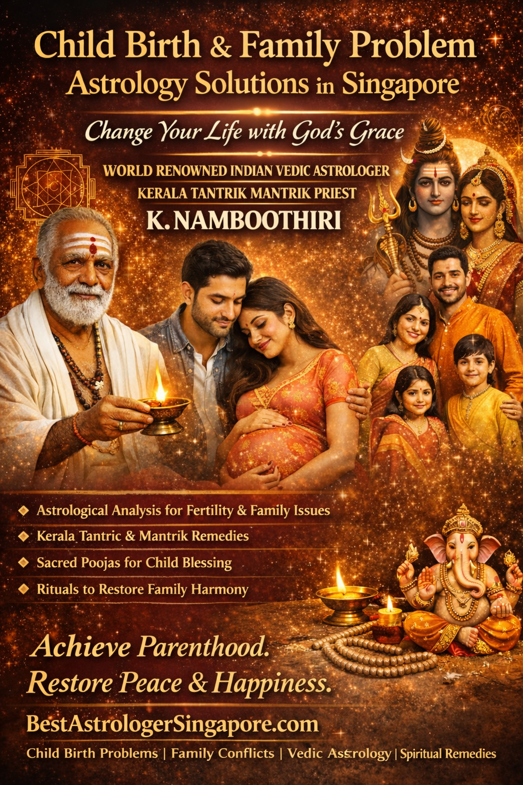 Indian Vedic astrologer K. Namboothiri offering childbirth solutions and family problem astrology services in Singapore