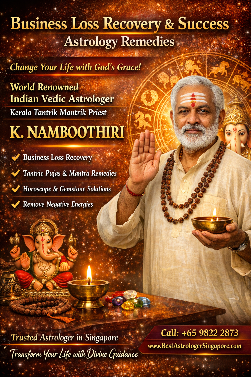 World renowned Indian Vedic astrologer K Namboothiri performing Kerala tantric ritual for business loss recovery and success astrology remedies in Singapore
