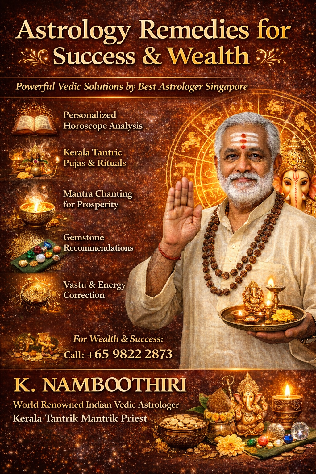 Astrology remedies for success and wealth by Indian Vedic astrologer K Namboothiri Kerala tantrik priest for financial growth and prosperity Singapore
