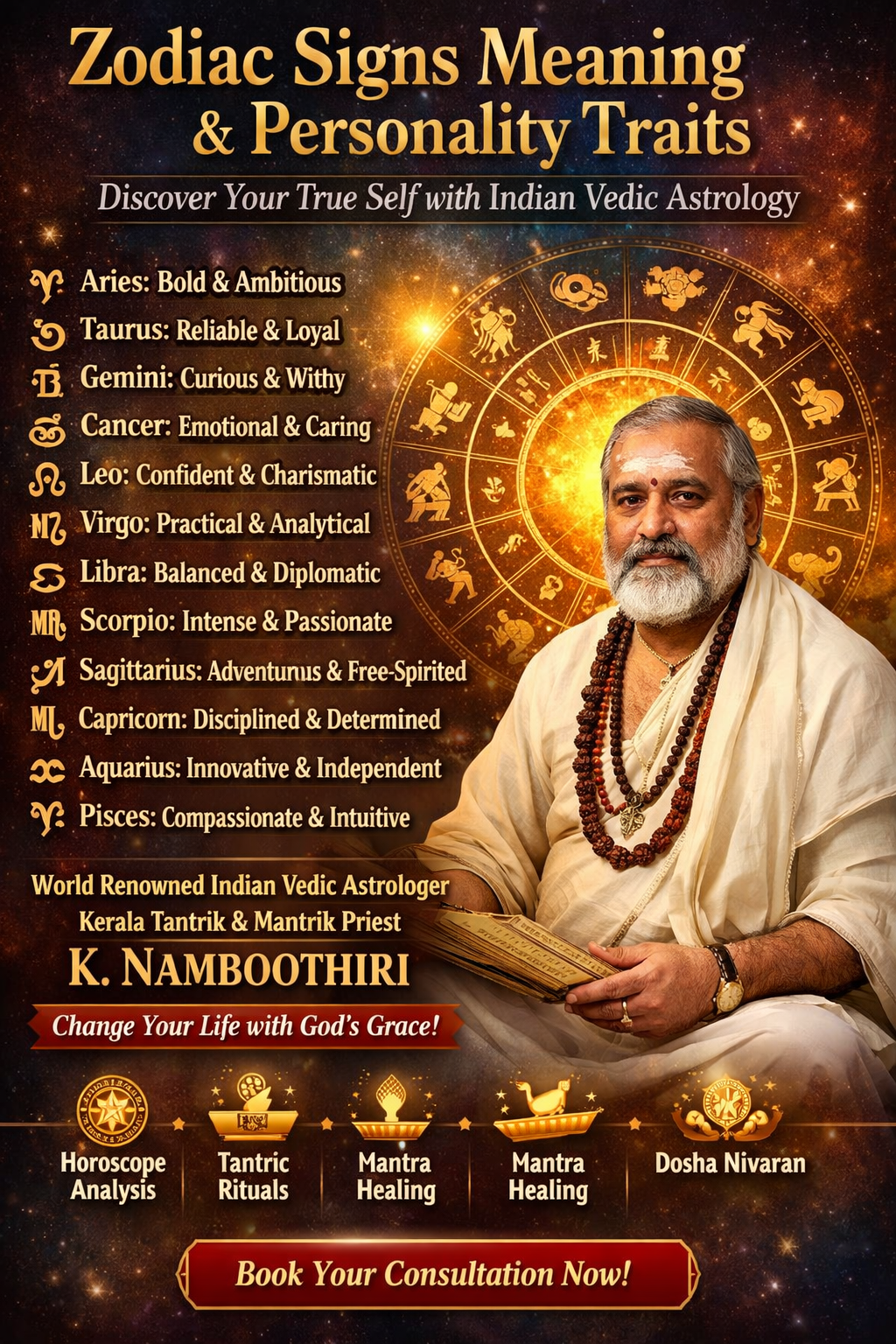 Zodiac signs meaning and personality traits poster featuring Indian Vedic astrologer K. Namboothiri with horoscope symbols and astrology services in Singapore