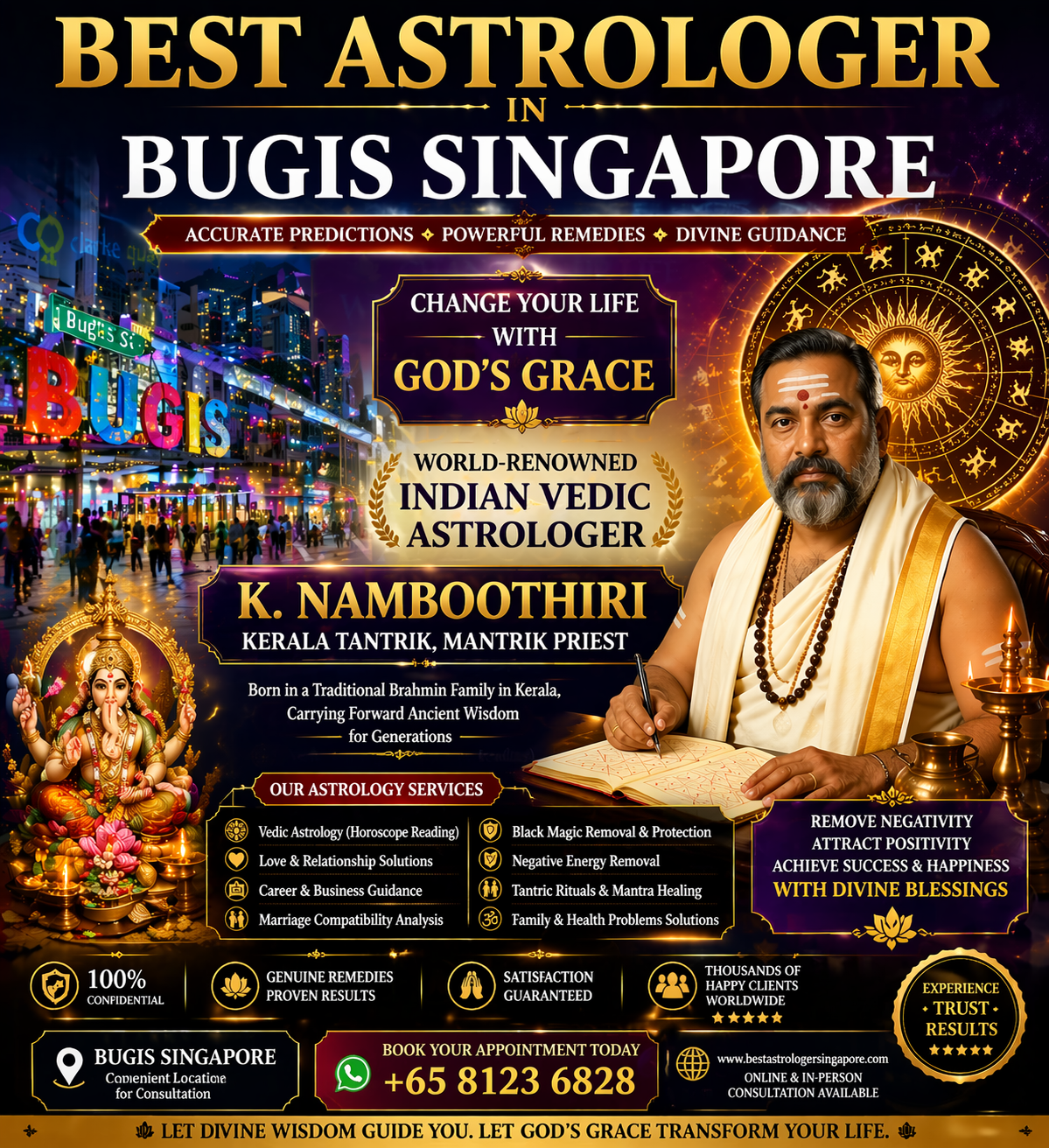 Best astrologer in Bugis Singapore banner featuring Indian Vedic astrologer K. Namboothiri, Kerala tantrik mantrik priest offering horoscope reading, spiritual healing, and black magic removal with Bugis skyline.