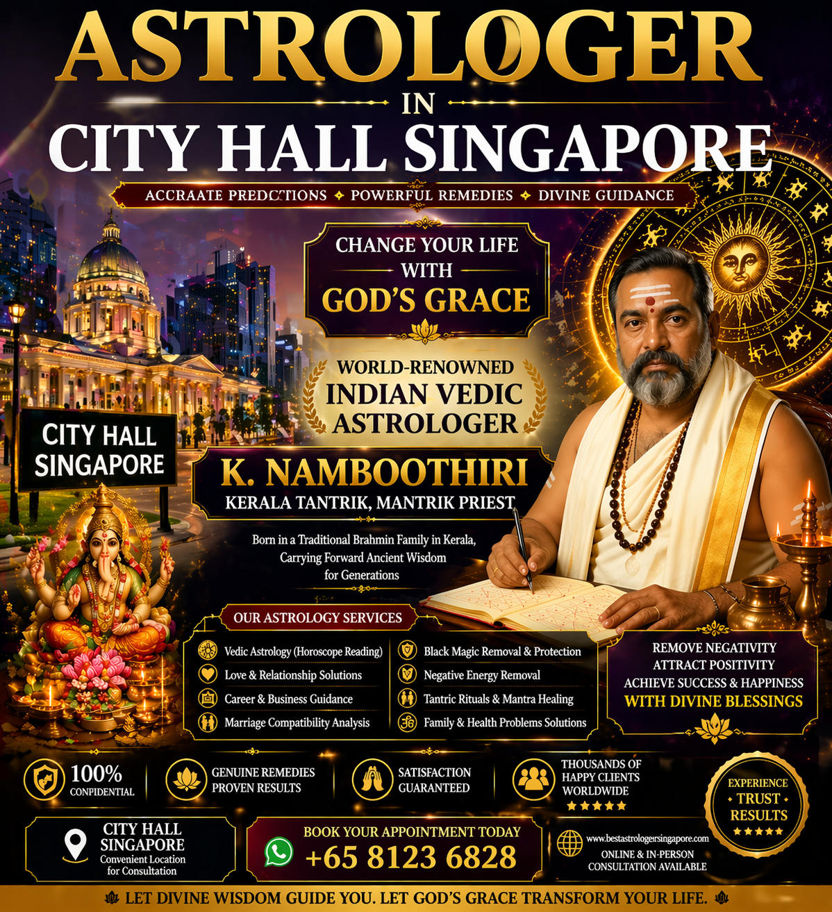 Best astrologer in City Hall Singapore banner featuring Indian Vedic astrologer K. Namboothiri, Kerala tantrik mantrik priest offering horoscope reading, spiritual healing, and black magic removal with City Hall skyline.