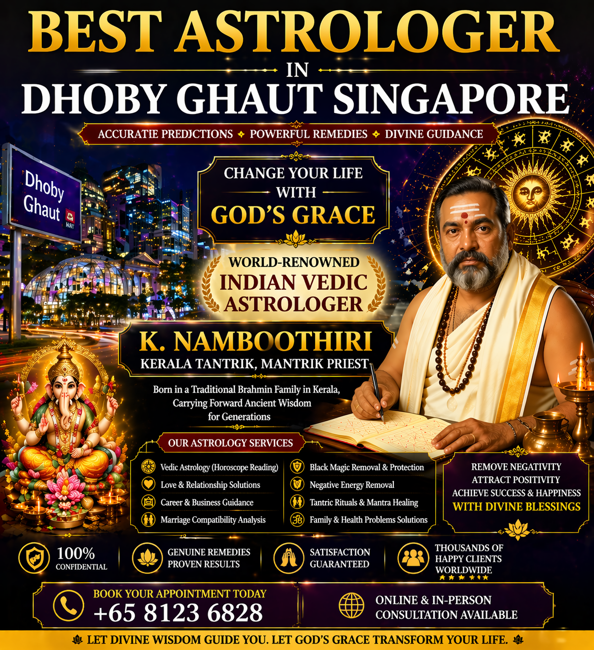 Best astrologer in Dhoby Ghaut Singapore banner featuring Indian Vedic astrologer K. Namboothiri, Kerala tantrik mantrik priest offering horoscope reading, spiritual healing, and black magic removal with Dhoby Ghaut skyline.