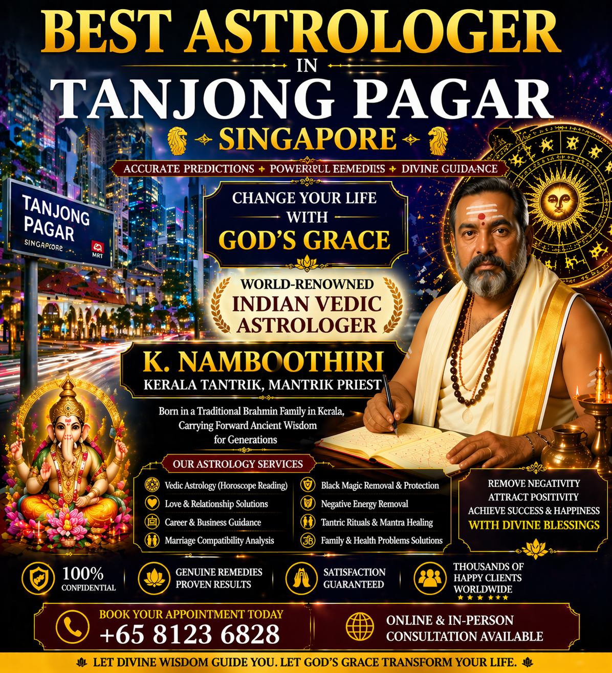 Best astrologer in Tanjong Pagar Singapore banner featuring Indian Vedic astrologer K. Namboothiri, Kerala tantrik mantrik priest offering horoscope reading, spiritual healing, and black magic removal with Tanjong Pagar skyline.