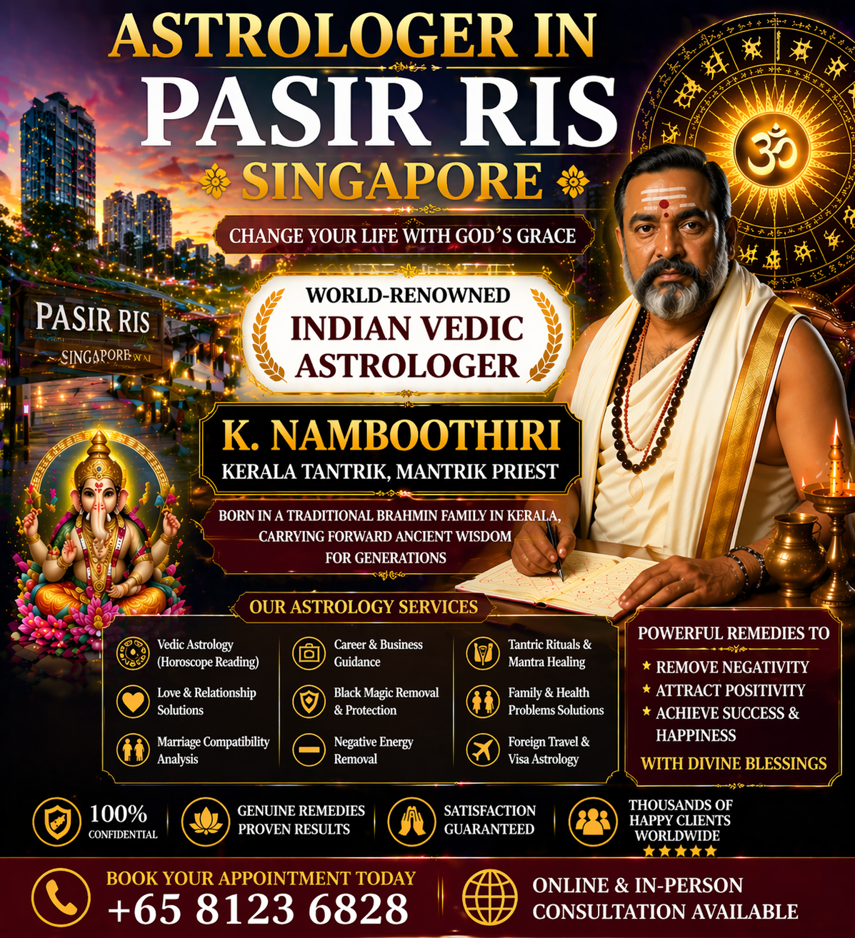 Best astrologer in Pasir Ris Singapore banner featuring Indian Vedic astrologer K. Namboothiri, Kerala tantrik mantrik priest offering horoscope reading, spiritual healing, and black magic removal with Pasir Ris skyline.