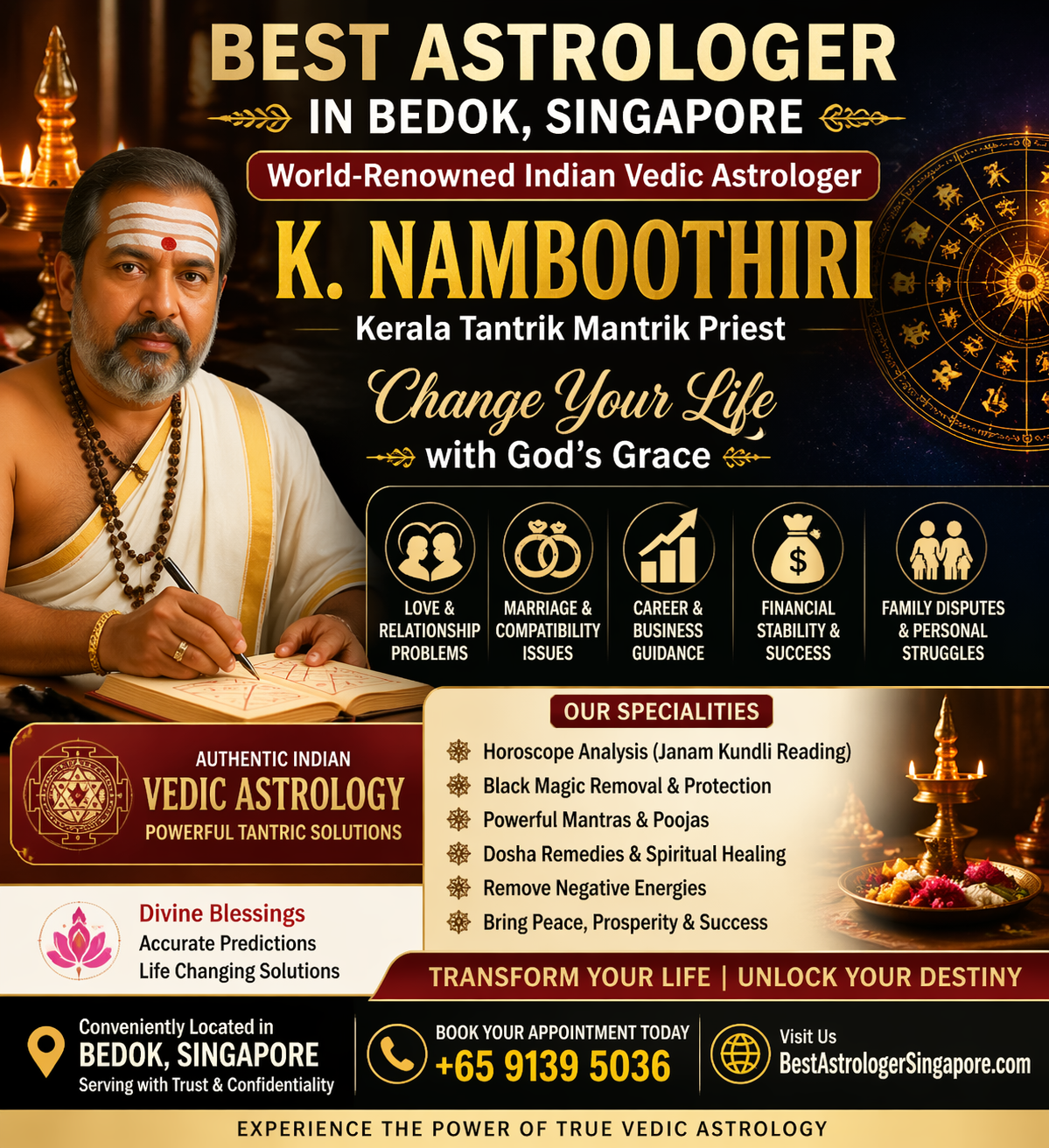 Best astrologer in Bedok Singapore K Namboothiri Indian Vedic astrologer Kerala tantrik priest offering love marriage career and financial solutions