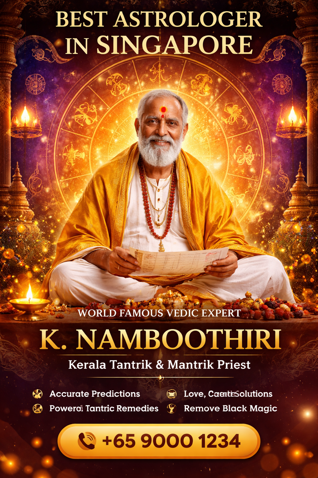 Indian Vedic astrologer K. Namboothiri performing horoscope reading with astrological chart, Kerala Tantrik priest offering spiritual guidance in Singapore