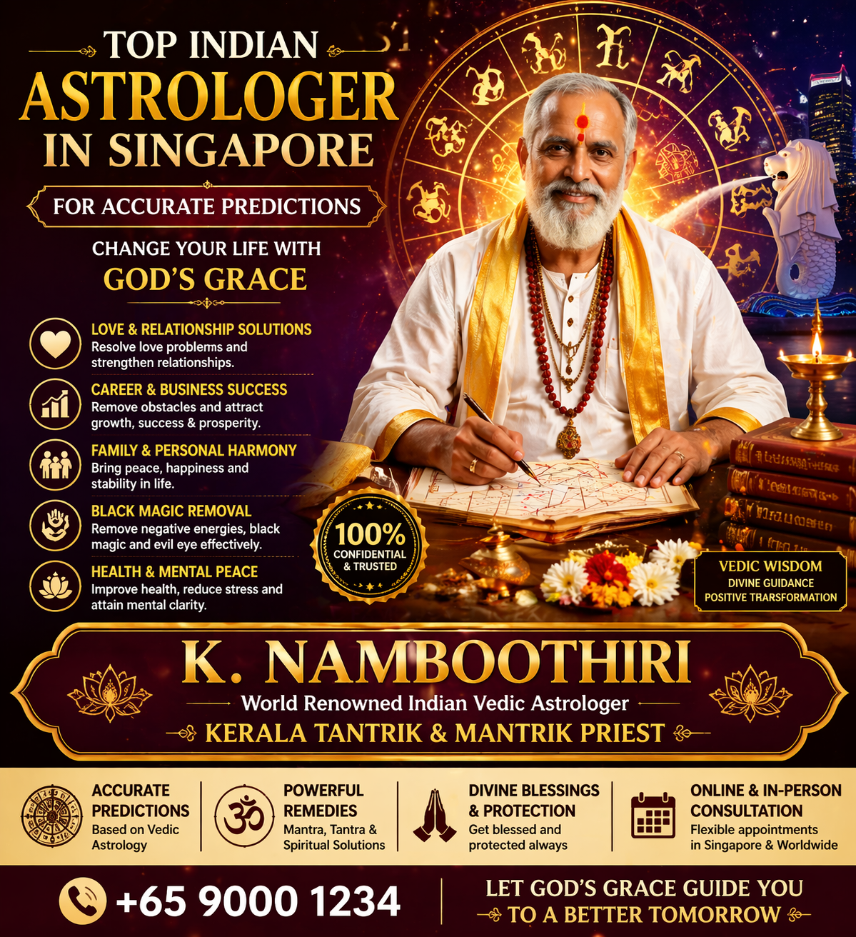 Top Indian Vedic astrologer K. Namboothiri in Singapore providing horoscope reading, spiritual guidance, and tantric solutions for love, career, and life problems