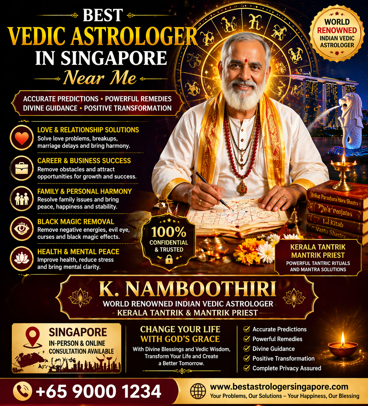 Best Vedic astrologer in Singapore near me K. Namboothiri providing horoscope reading, tantric remedies, and spiritual guidance for love, career, and life issues