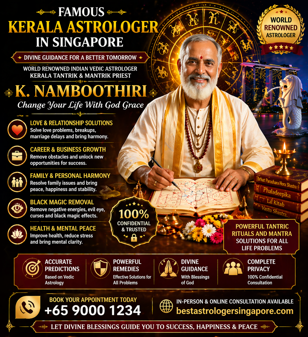 Famous Kerala astrologer in Singapore K. Namboothiri providing Vedic astrology, horoscope reading, tantric remedies, and spiritual guidance for life problems