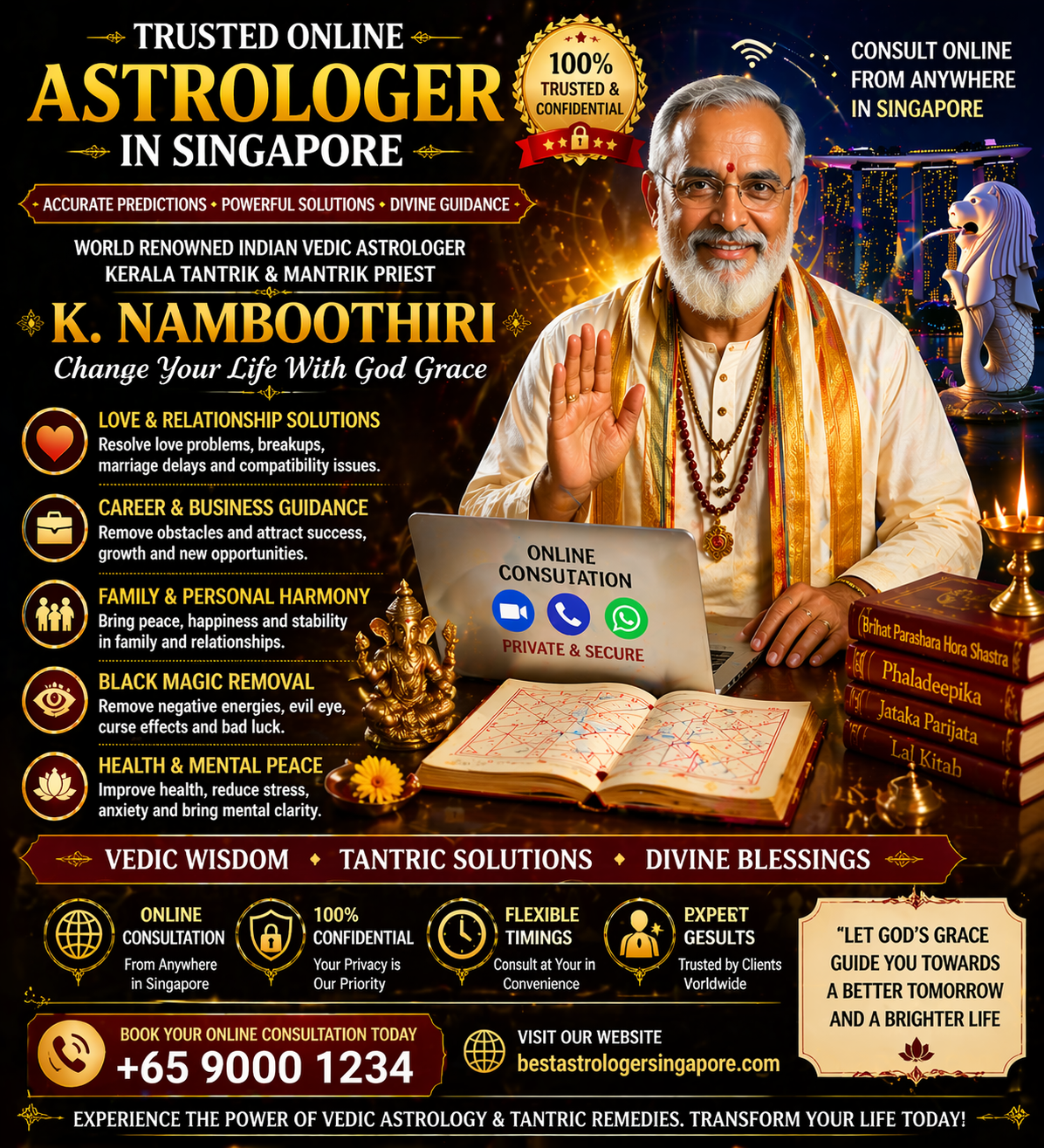 Trusted online astrologer in Singapore K. Namboothiri providing Vedic astrology consultation, horoscope reading, and spiritual solutions for love, career, and life problems