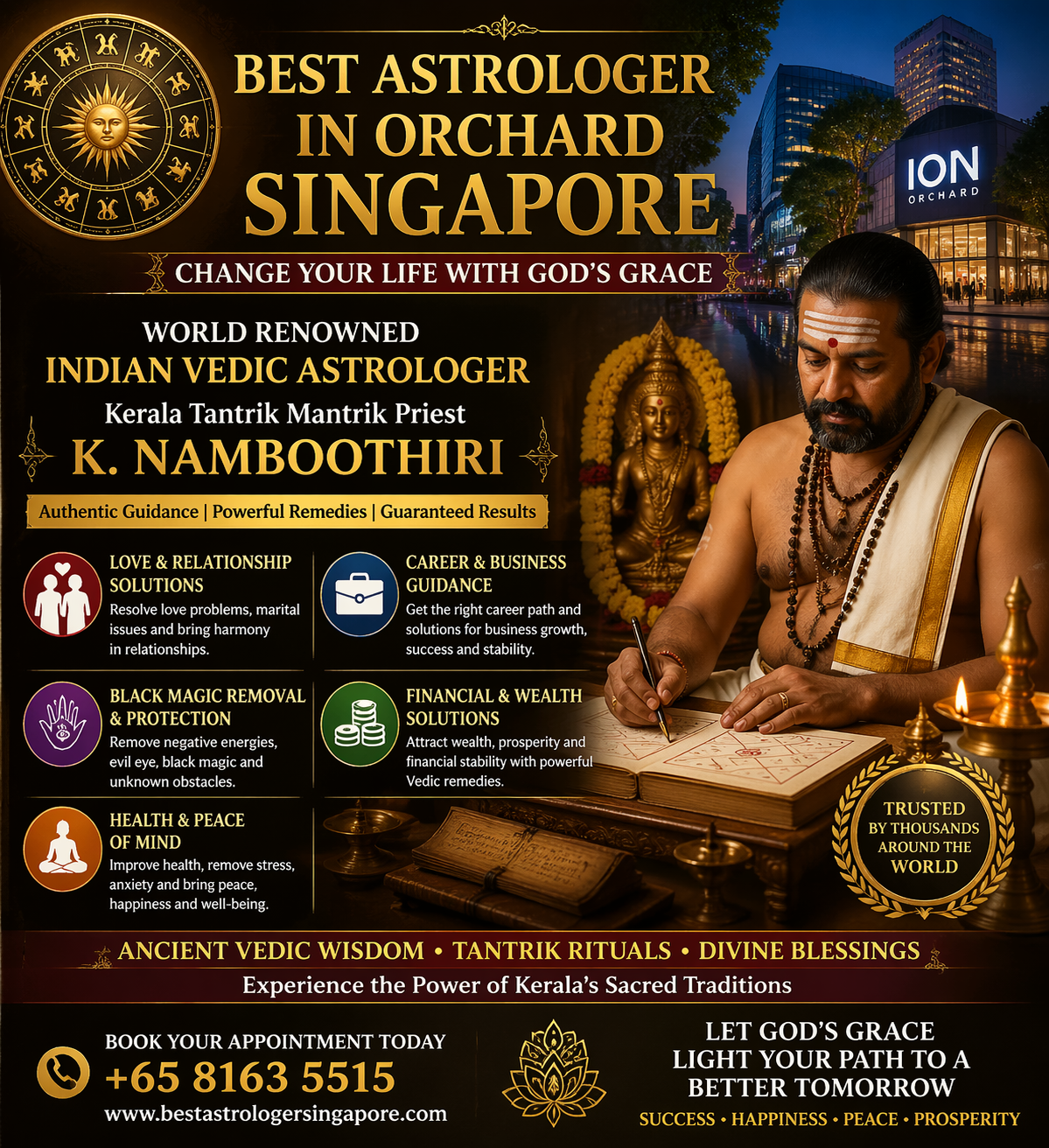 Indian Vedic astrologer K. Namboothiri performing Kerala Tantrik ritual for spiritual healing and life transformation in Orchard Singapore