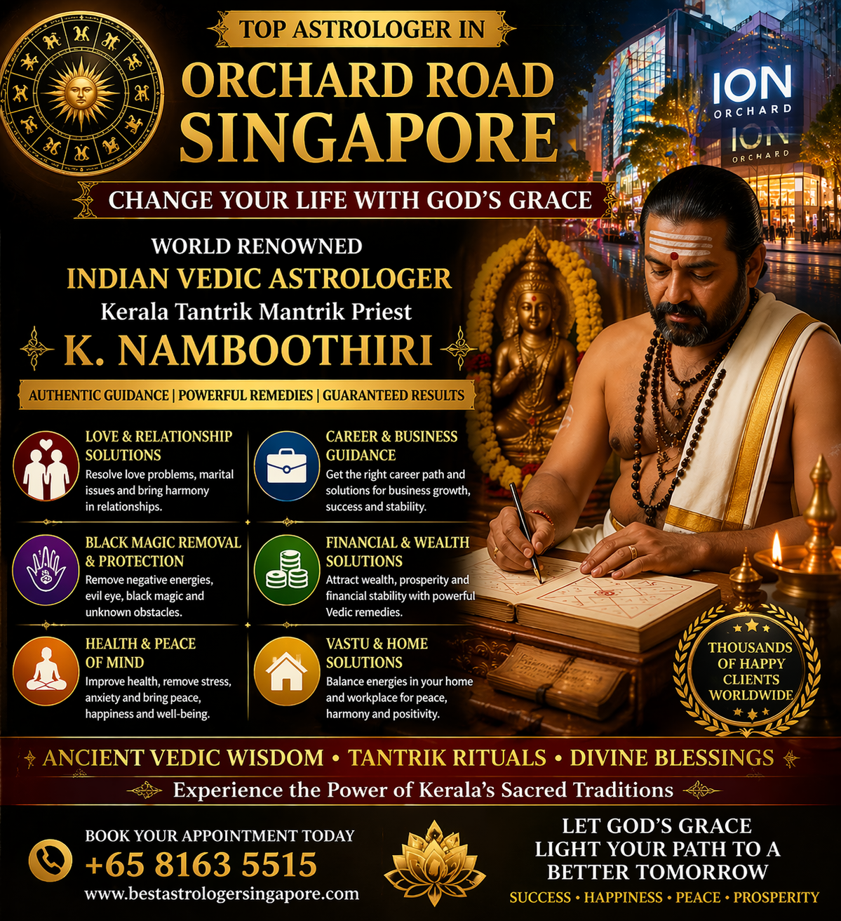 Top astrologer in Orchard Road Singapore K. Namboothiri performing Vedic astrology ritual and Kerala Tantrik spiritual healing