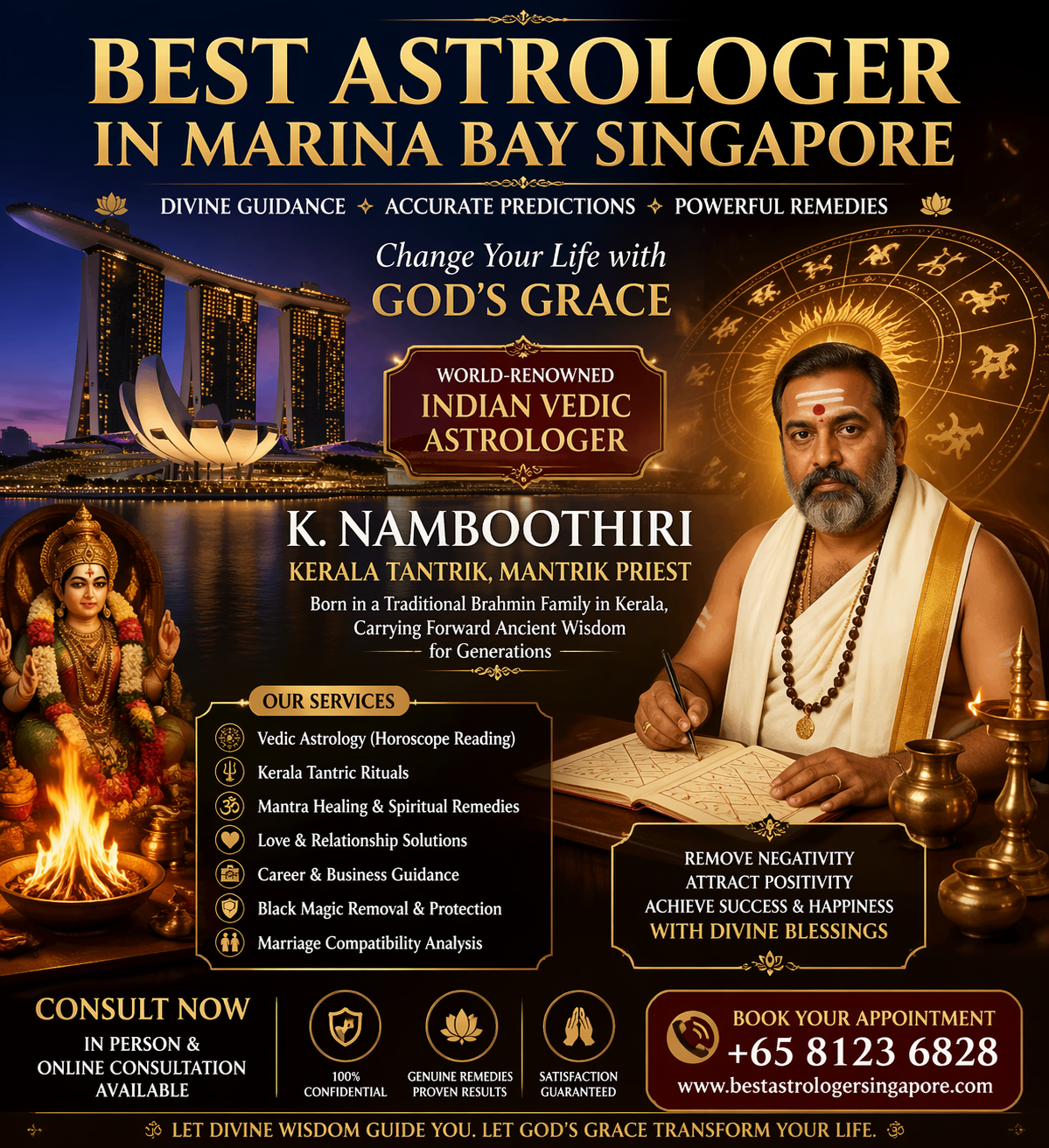 Best astrologer in Marina Bay Singapore banner featuring Indian Vedic astrologer K. Namboothiri, Kerala tantrik mantrik priest offering horoscope reading, spiritual healing, and black magic removal services with Marina Bay skyline background.