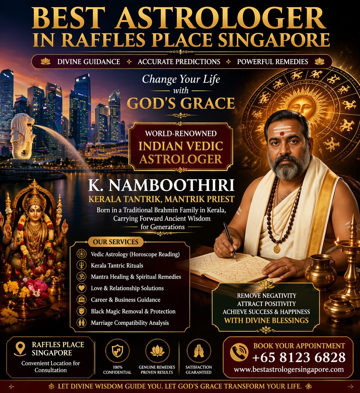 Best astrologer in Raffles Place Singapore banner showing Indian Vedic astrologer K. Namboothiri, Kerala tantrik mantrik priest offering horoscope reading, spiritual healing, and black magic removal with Singapore skyline.