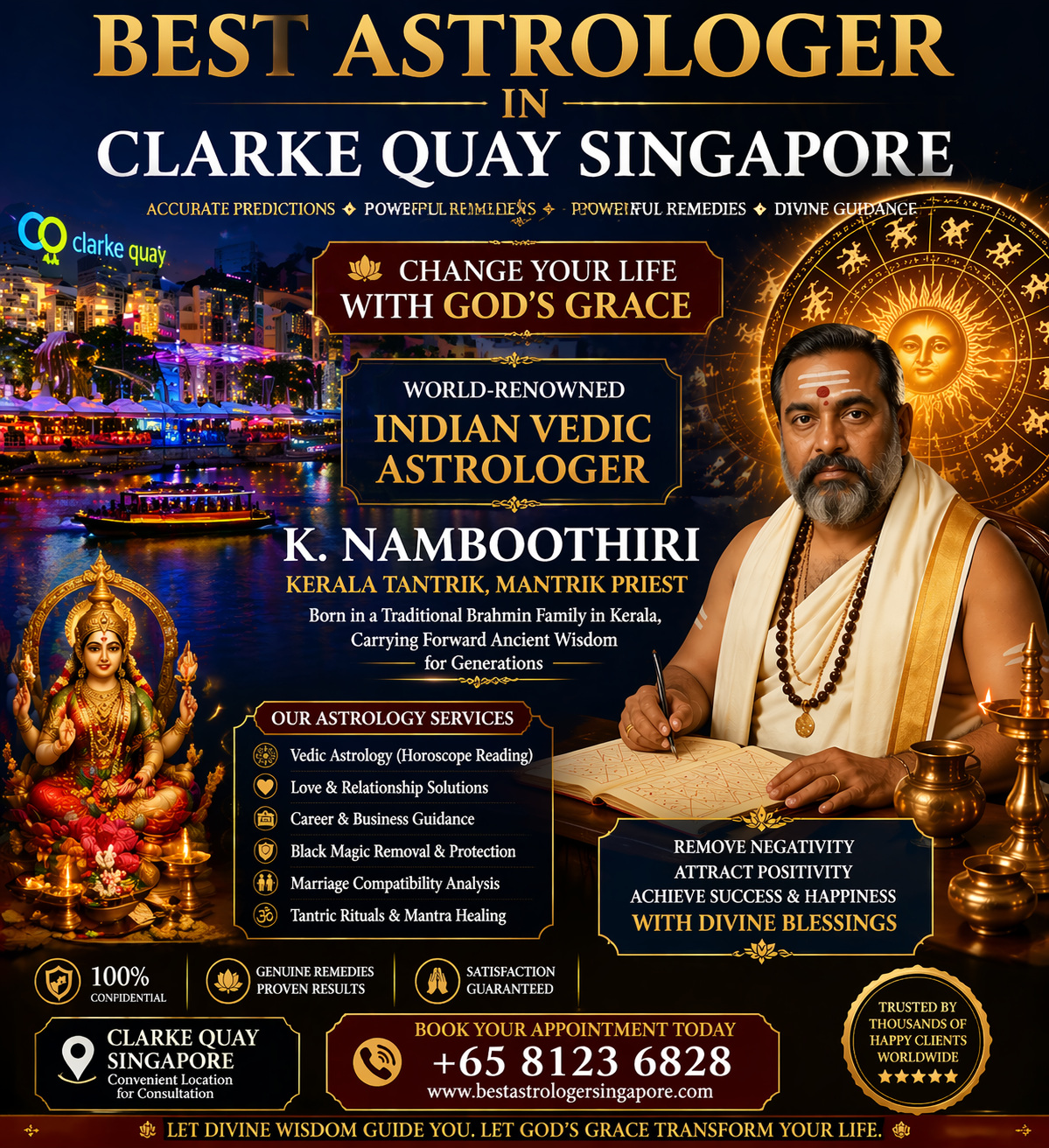 Best astrologer in Clarke Quay Singapore banner featuring Indian Vedic astrologer K. Namboothiri, Kerala tantrik mantrik priest offering horoscope reading, spiritual healing, and black magic removal with Clarke Quay skyline.