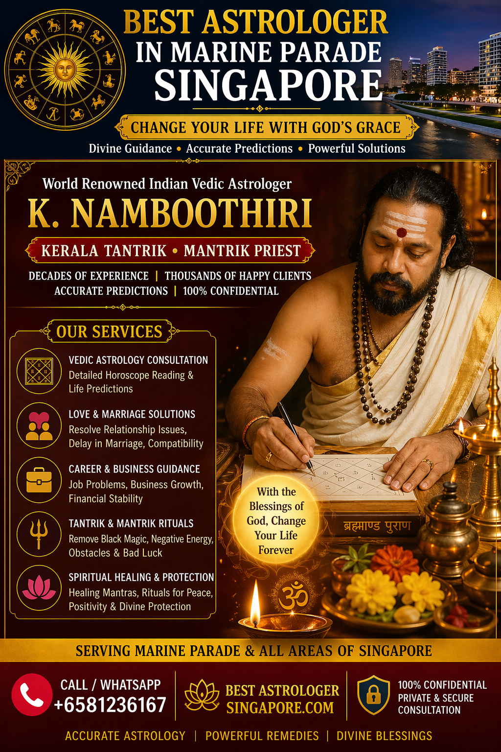 World renowned Indian Vedic astrologer K Namboothiri performing horoscope reading and spiritual rituals in Marine Parade Singapore with divine symbols and traditional setup.