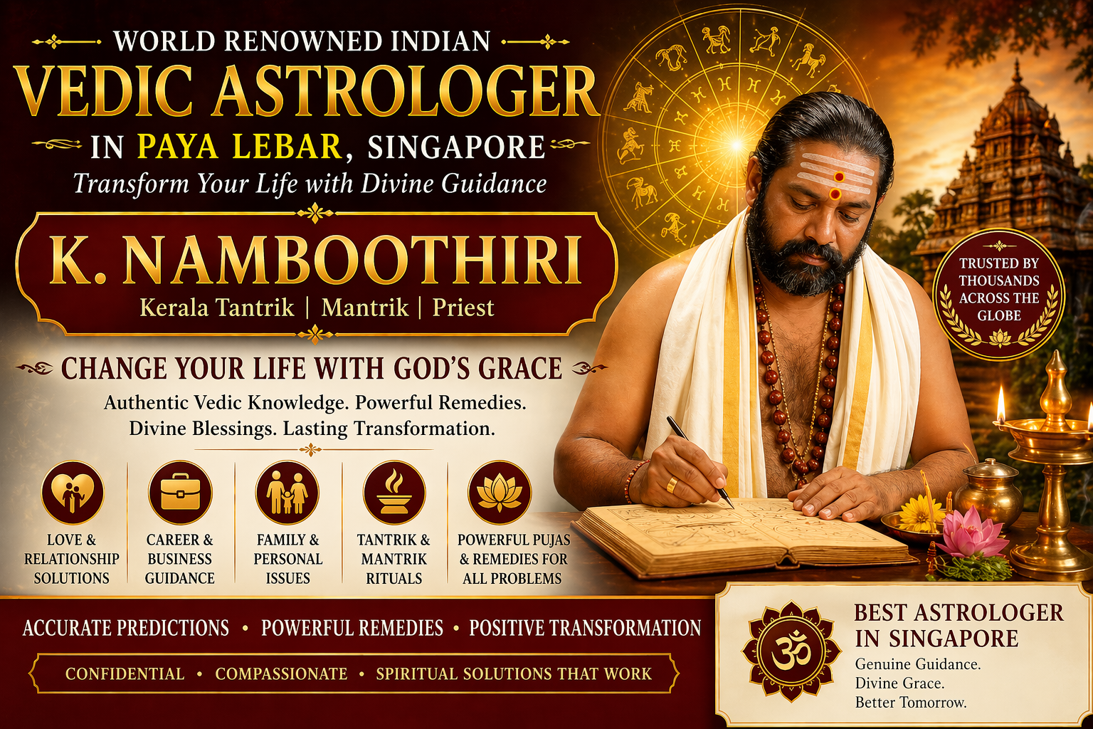 World renowned Indian Vedic astrologer K. Namboothiri in Paya Lebar Singapore offering astrology, tantric rituals, and spiritual guidance for life transformation.